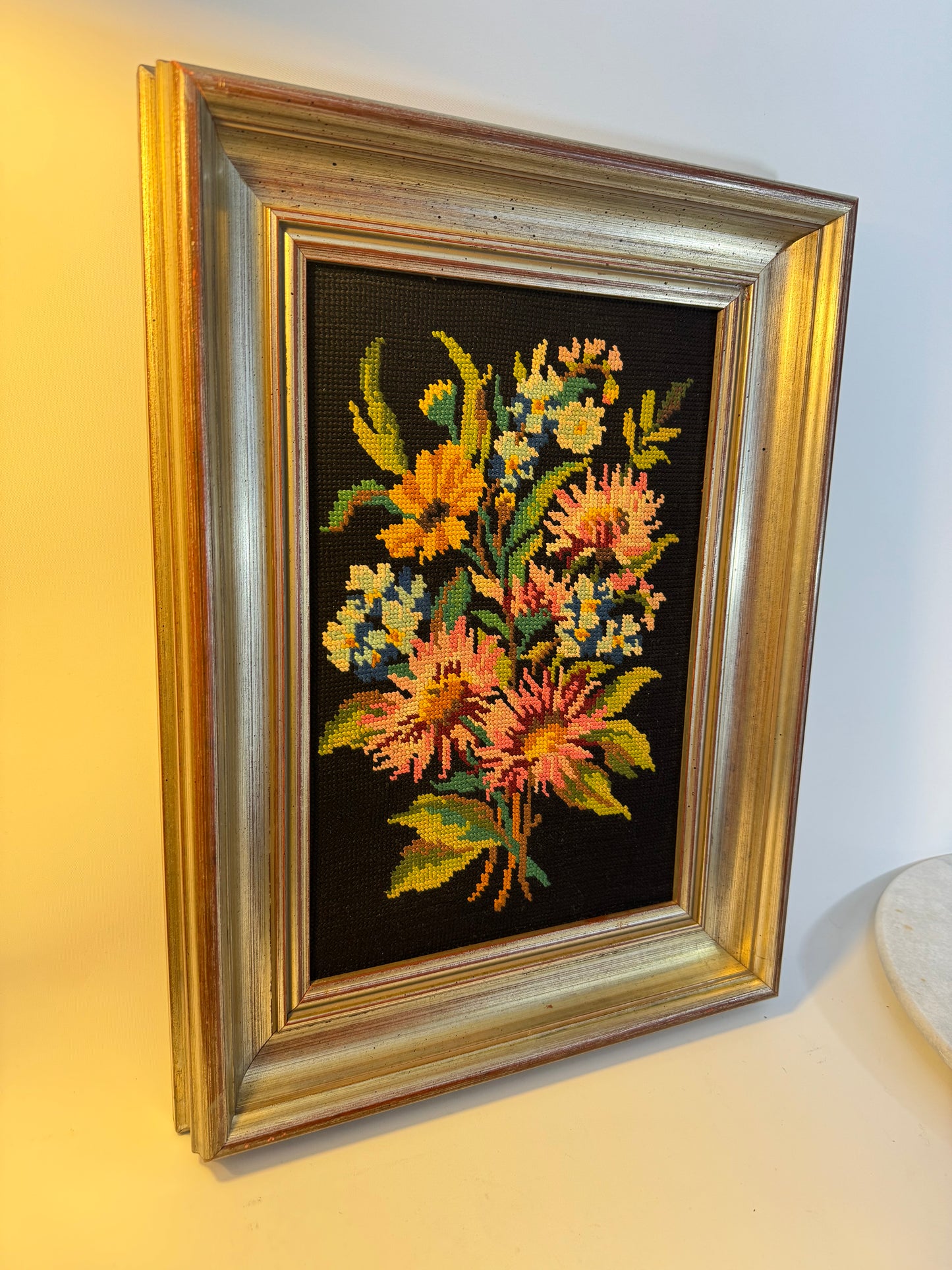 Vibrant Floral Needlepoint in Wooden Frame | Peonies | Wildflowers | Vintage Retro Decor |
