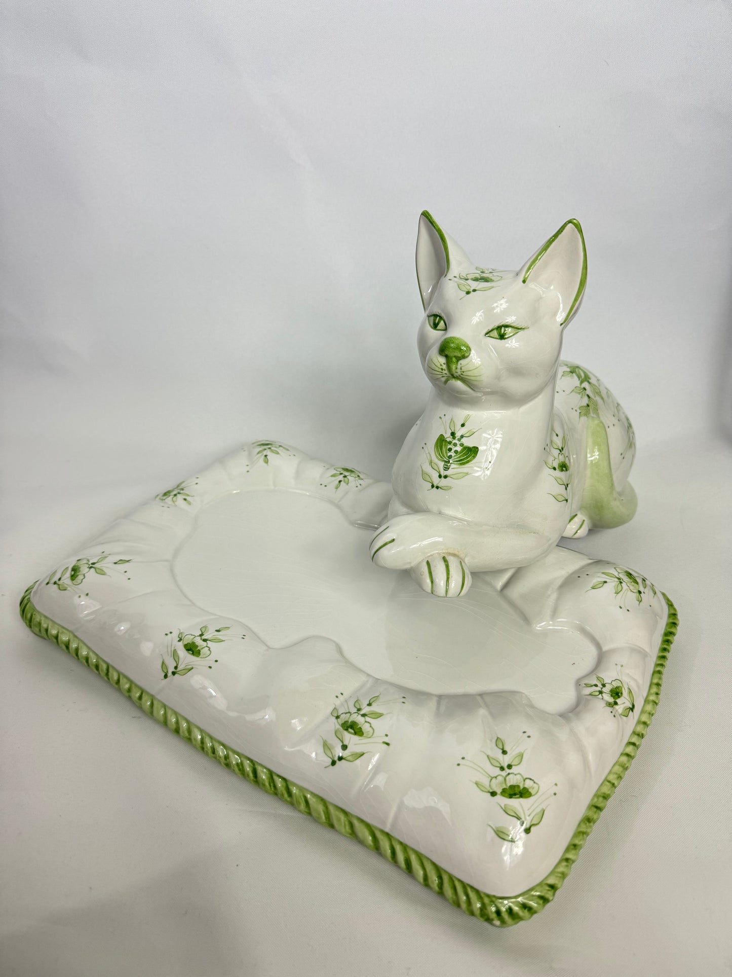 Large Italian Ceramic Green and White Hand Painted Cat | Vintage