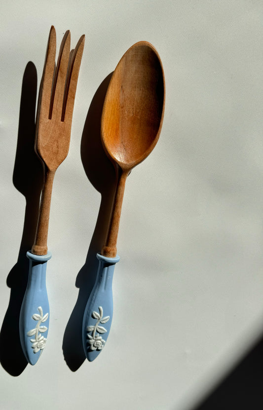 Wooden Salad Spoon & Fork with Ceramic Handles | Vintage Retro Kitchenalia | Serveware |