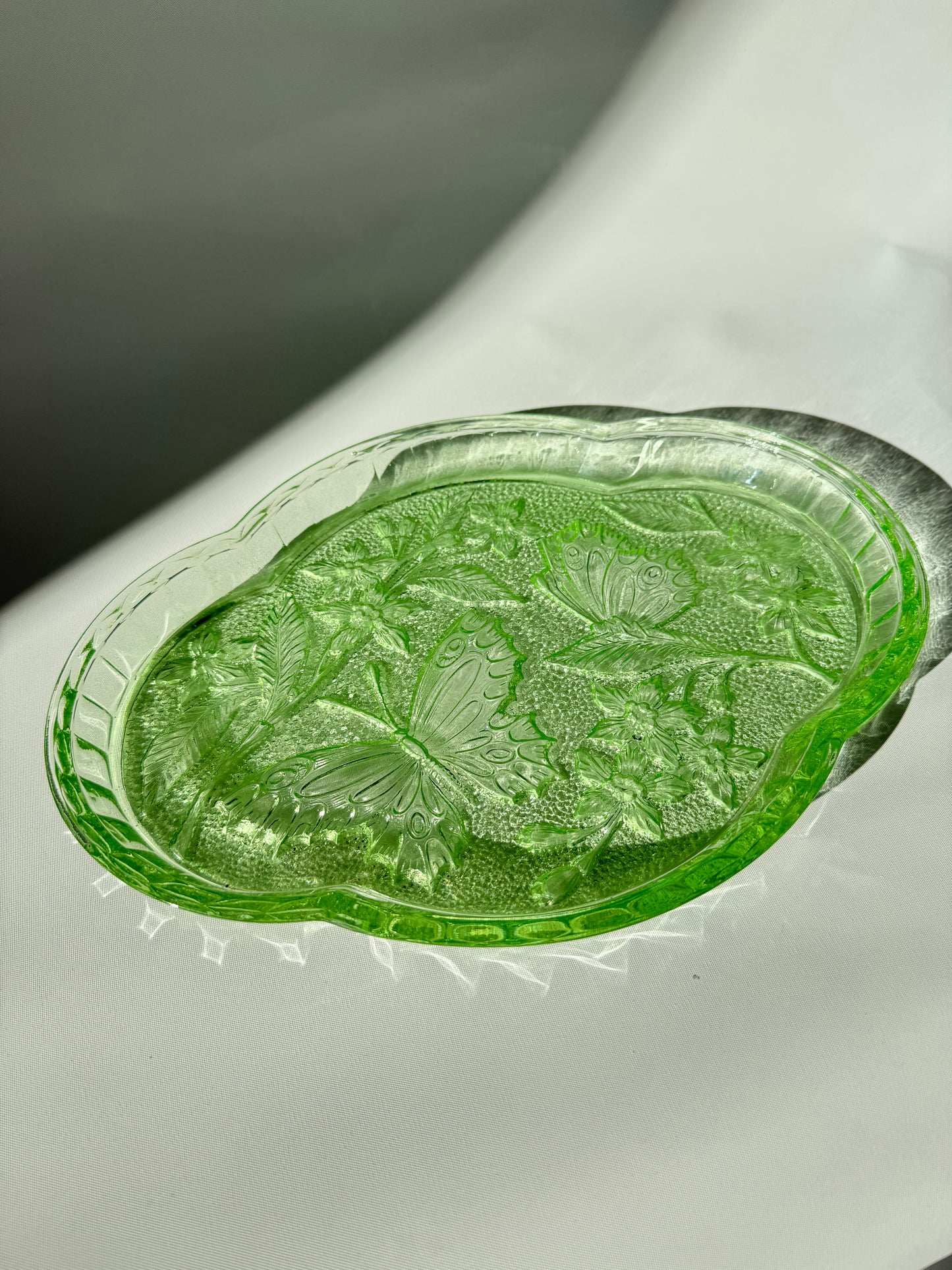 Sowerby 1930’s Green Cut Glass Vanity Tray | Butterfly Floral Pattern | Dressing Table | Retro Unique |