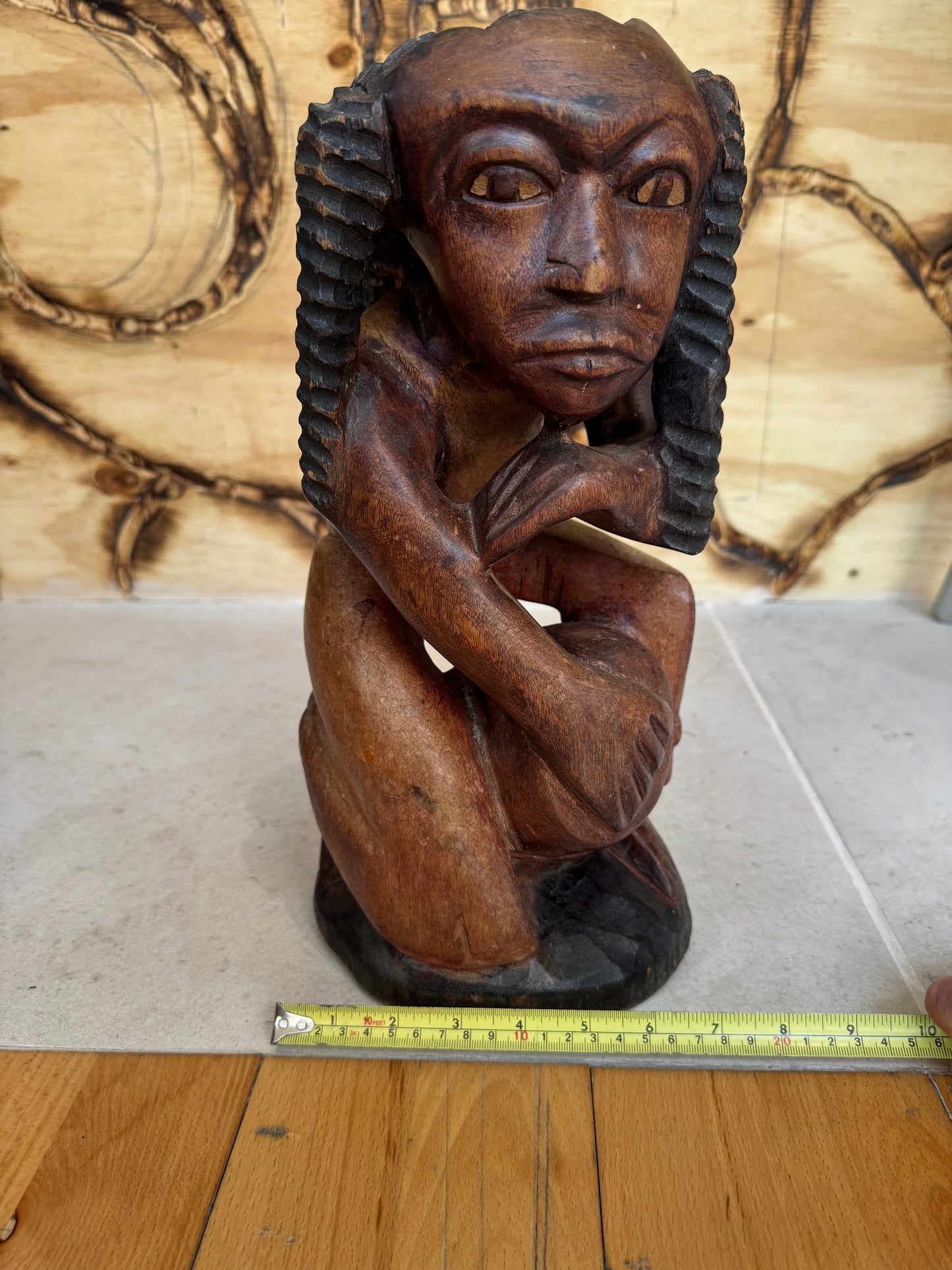 Hand Carved African Wooden Statue Sculpture of Sitting Man | Vintage Retro | Quirky Unique Decor |