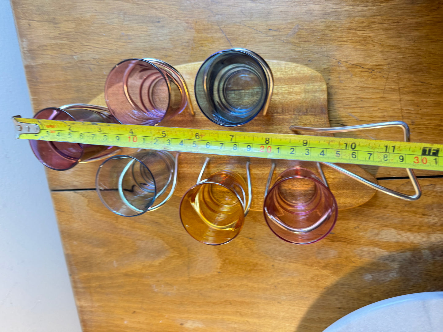 Set of Six Coloured Shot Glasses and a Wooden Serving Tray Stand Wyncraft | 1960s | Made in England | Vintage Retro |