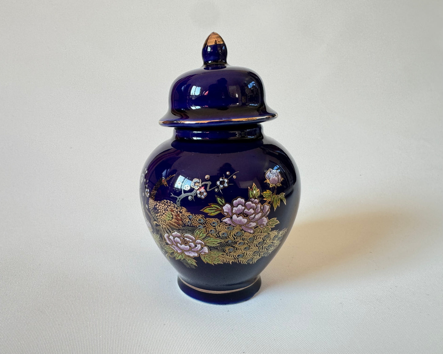 Miniature Japanese Ginger Jar Deep Blue with Gold Trim and Floral Detail Vintage
