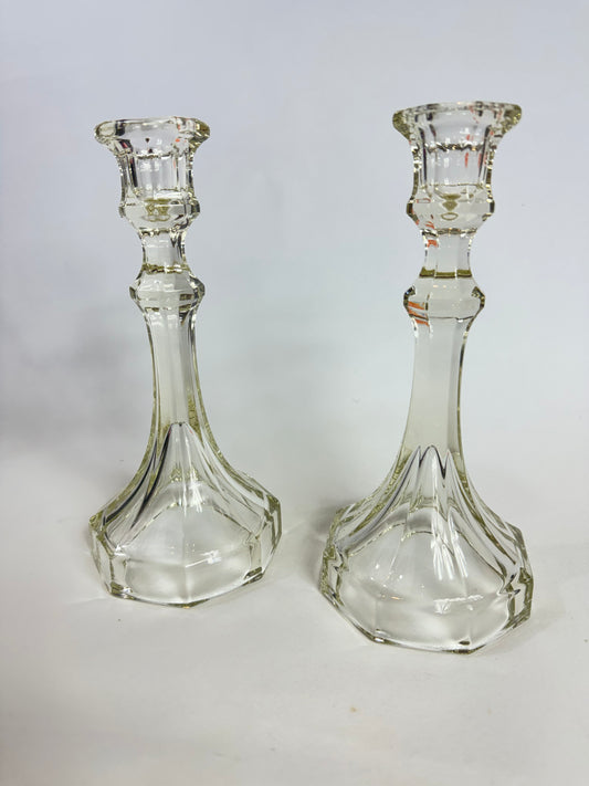 Thick Cut Glass Candlestick Holders | Set of 2 | Vintage Retro |