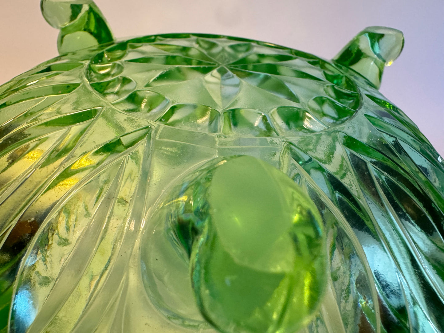 Green Cut Glass Large Bowl | Fruit Bowl | Art Deco | Footed Bowl | Vintage Retro |