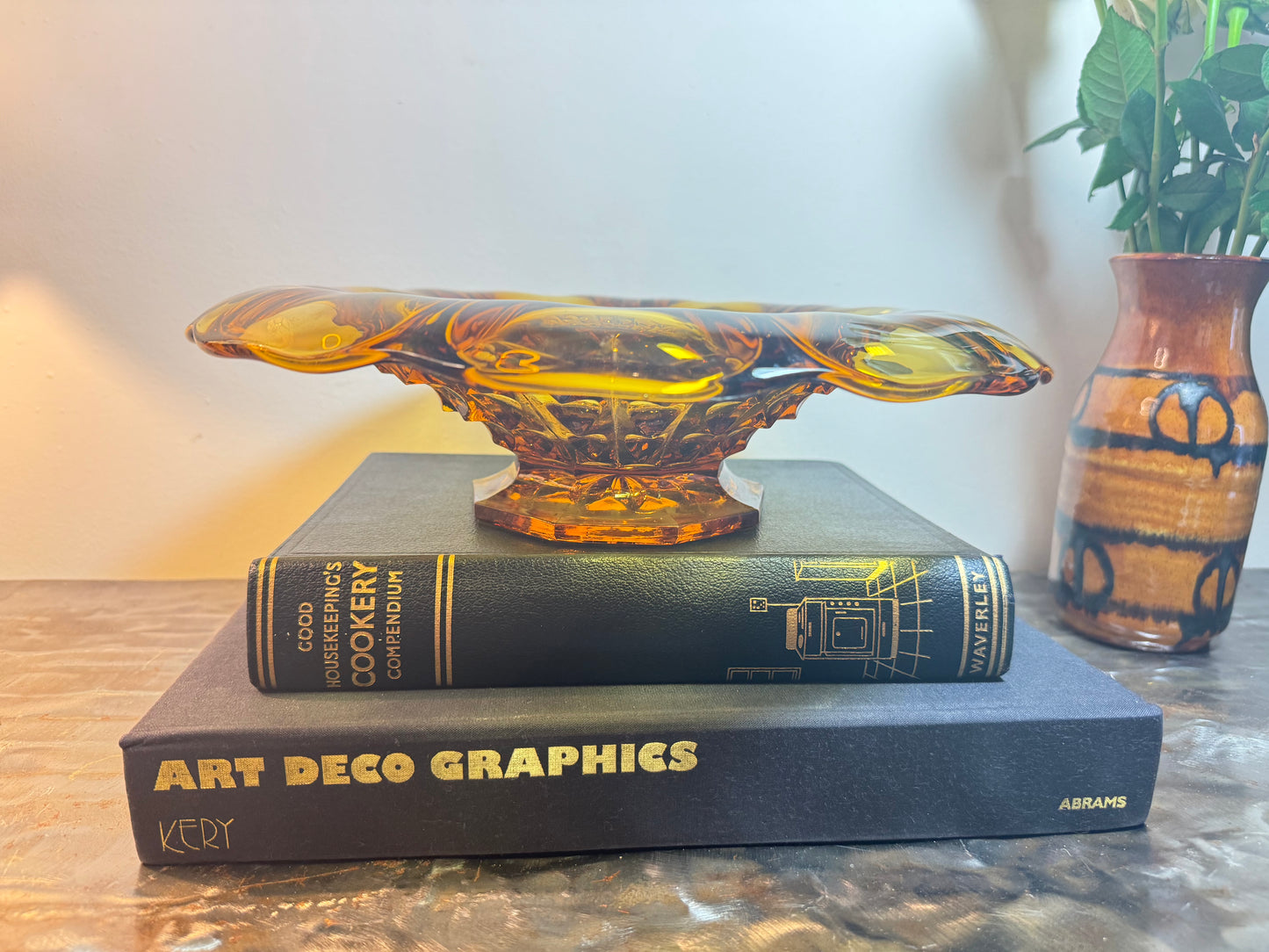 Large Art Deco Amber Depression Glass Bowl | Vintage Retro | Fruit Bowl