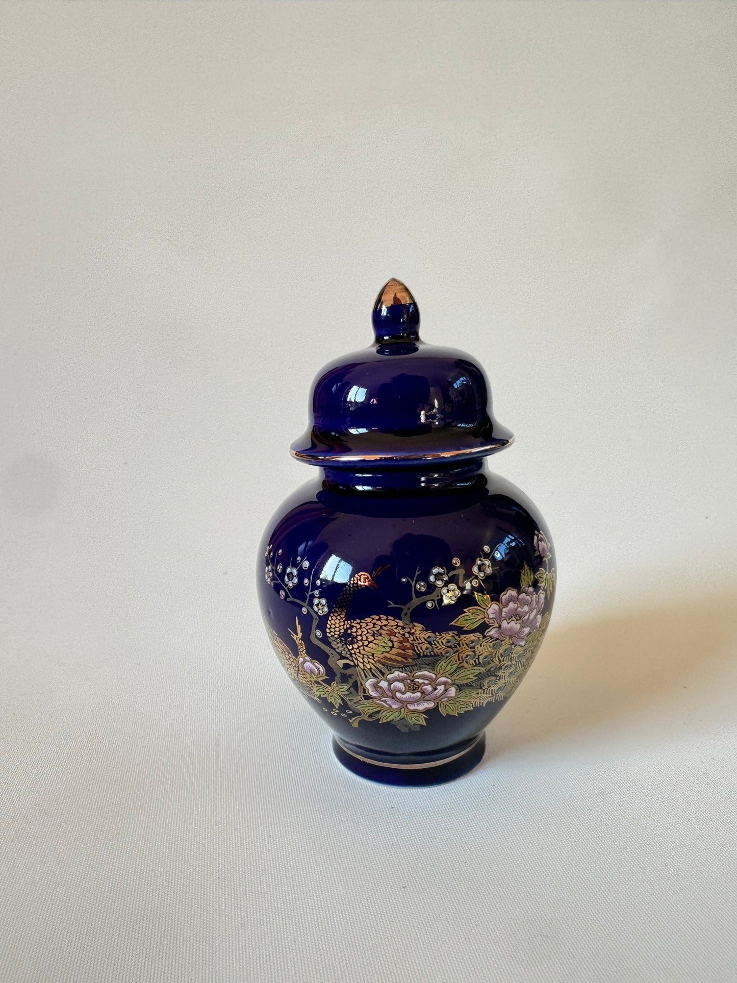 Miniature Japanese Ginger Jar Deep Blue with Gold Trim and Floral Detail Vintage