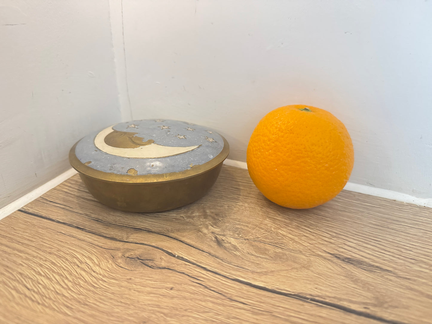 Brass and Enamel Moon and Stars Trinket Dish | Celestial Lidded Trinket Pot | Vintage |