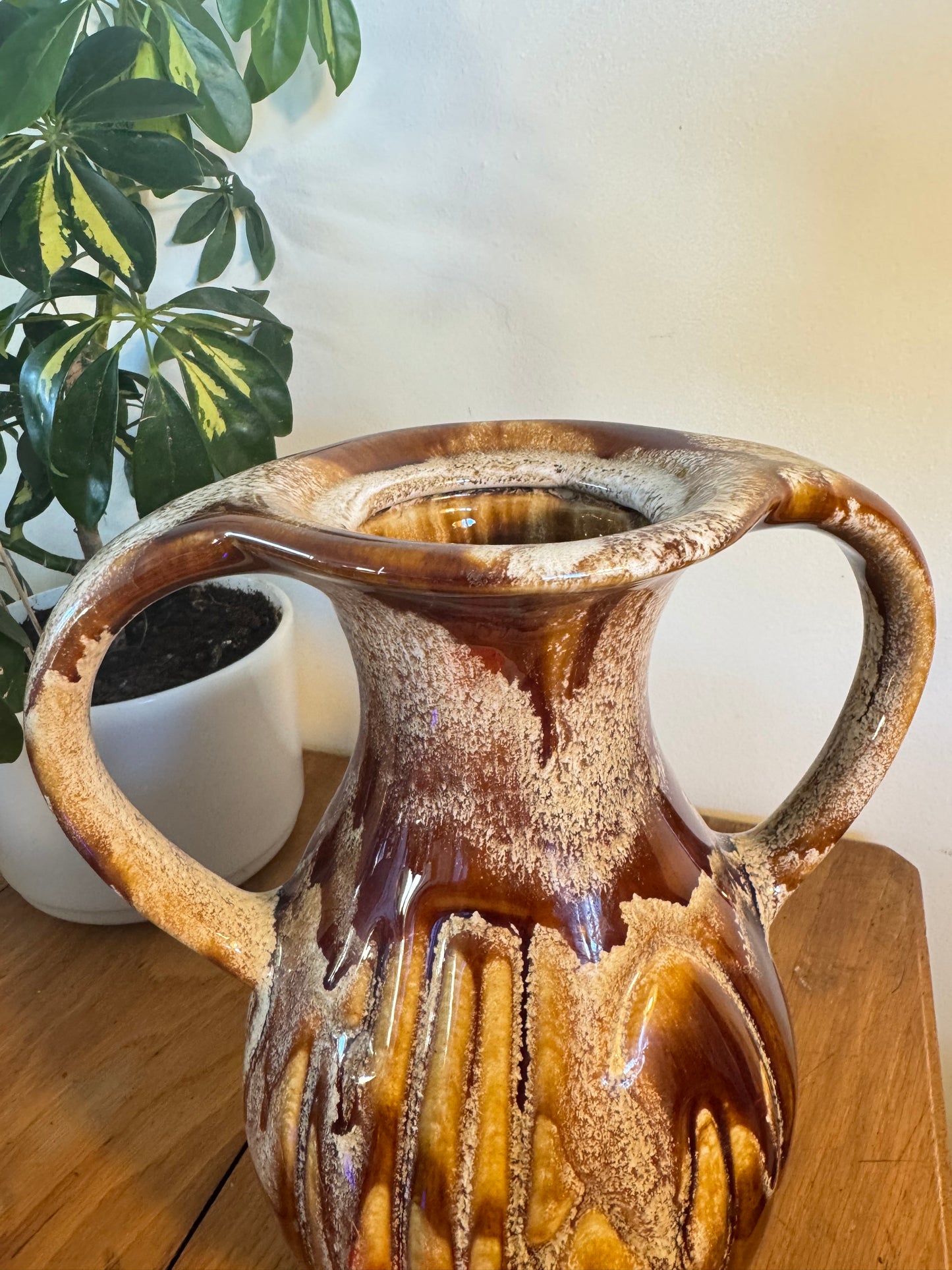 Large Ceramic Vase with Drip Glaze | Twin Double Handle | Vintage Retro Home decor |