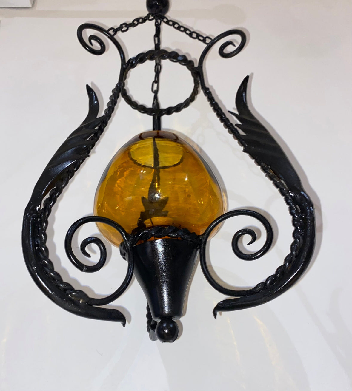 Antique Italian Hand Blown Venetian Amber Glass & Black Wrought Iron Ceiling Pendant Light | Gothic | Spanish | Medieval | Vintage Lantern