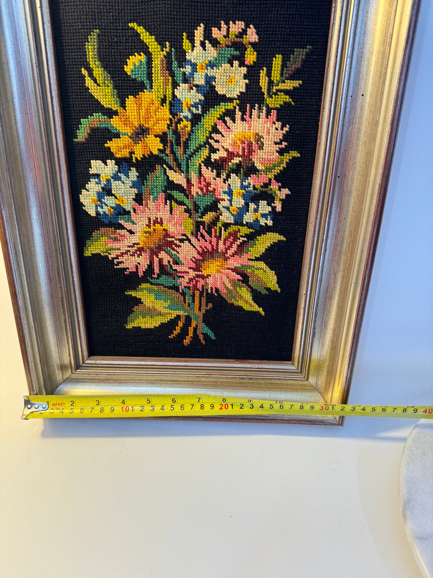 Vibrant Floral Needlepoint in Wooden Frame | Peonies | Wildflowers | Vintage Retro Decor |