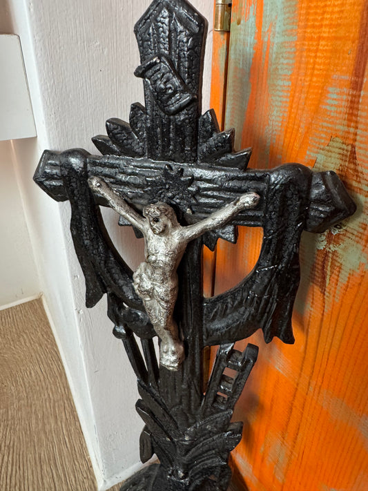 Religious Wooden Hand Carved Crucifix w/ Metal Jesus Inri | Holy Catholic Home Decor | Antique Style |