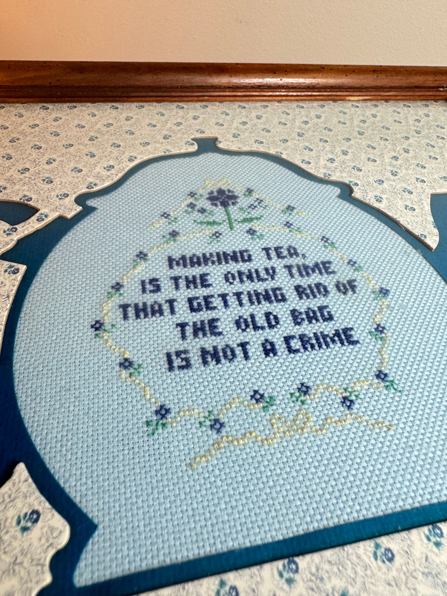 Framed Vintage Teapot Crosstitch tapestry “Morning tea is the only time that getting rid of the old bag is a crime”