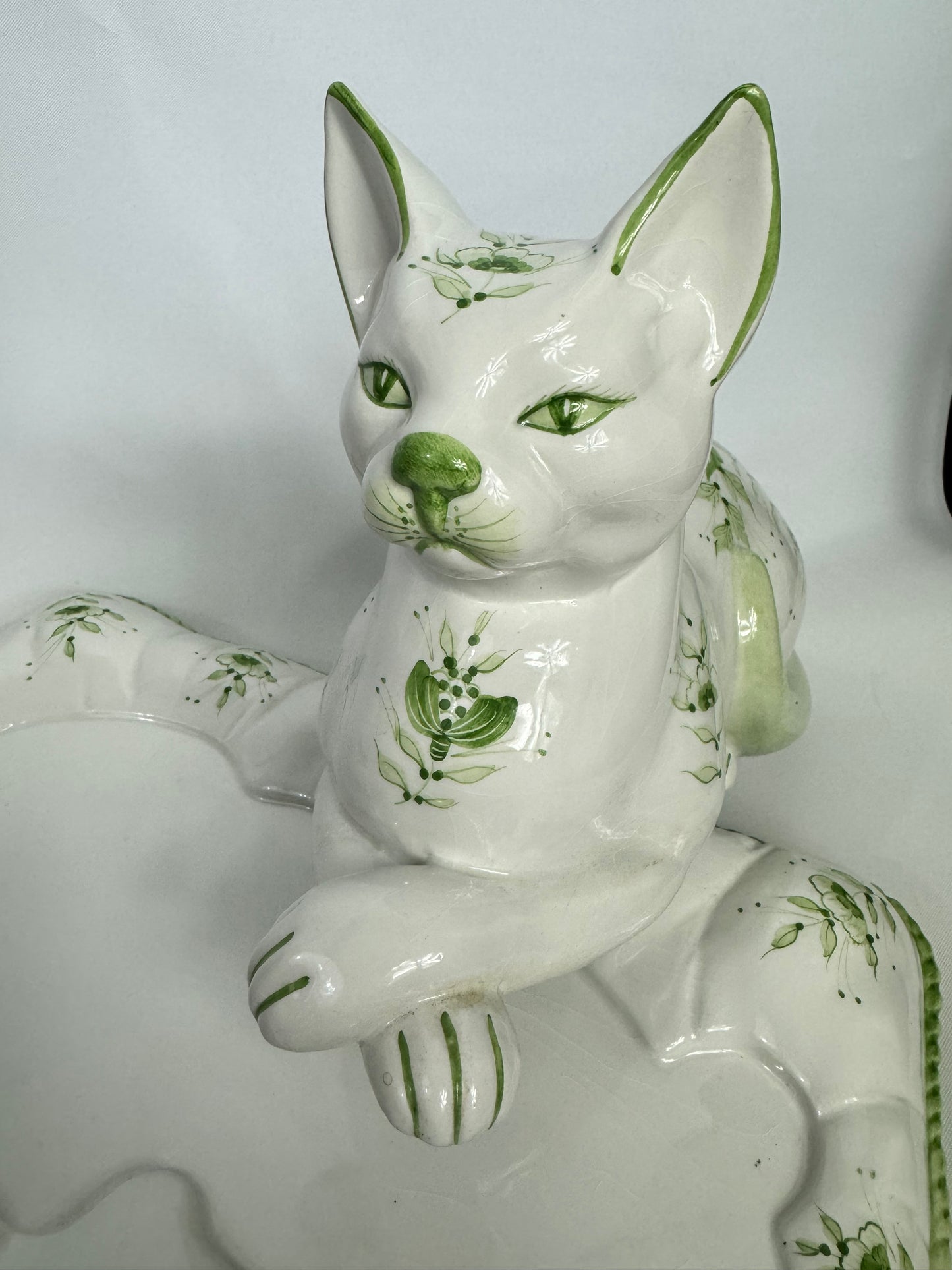 Large Italian Ceramic Green and White Hand Painted Cat | Vintage