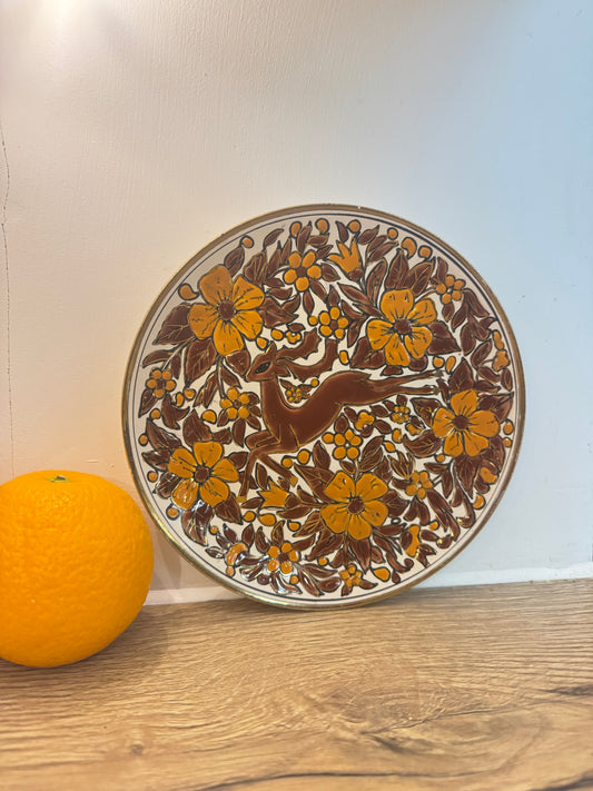 Ceramic Decorative Plate with Gold Detail | Stag and Floral Design | Vintage Retro | Made in Greece |