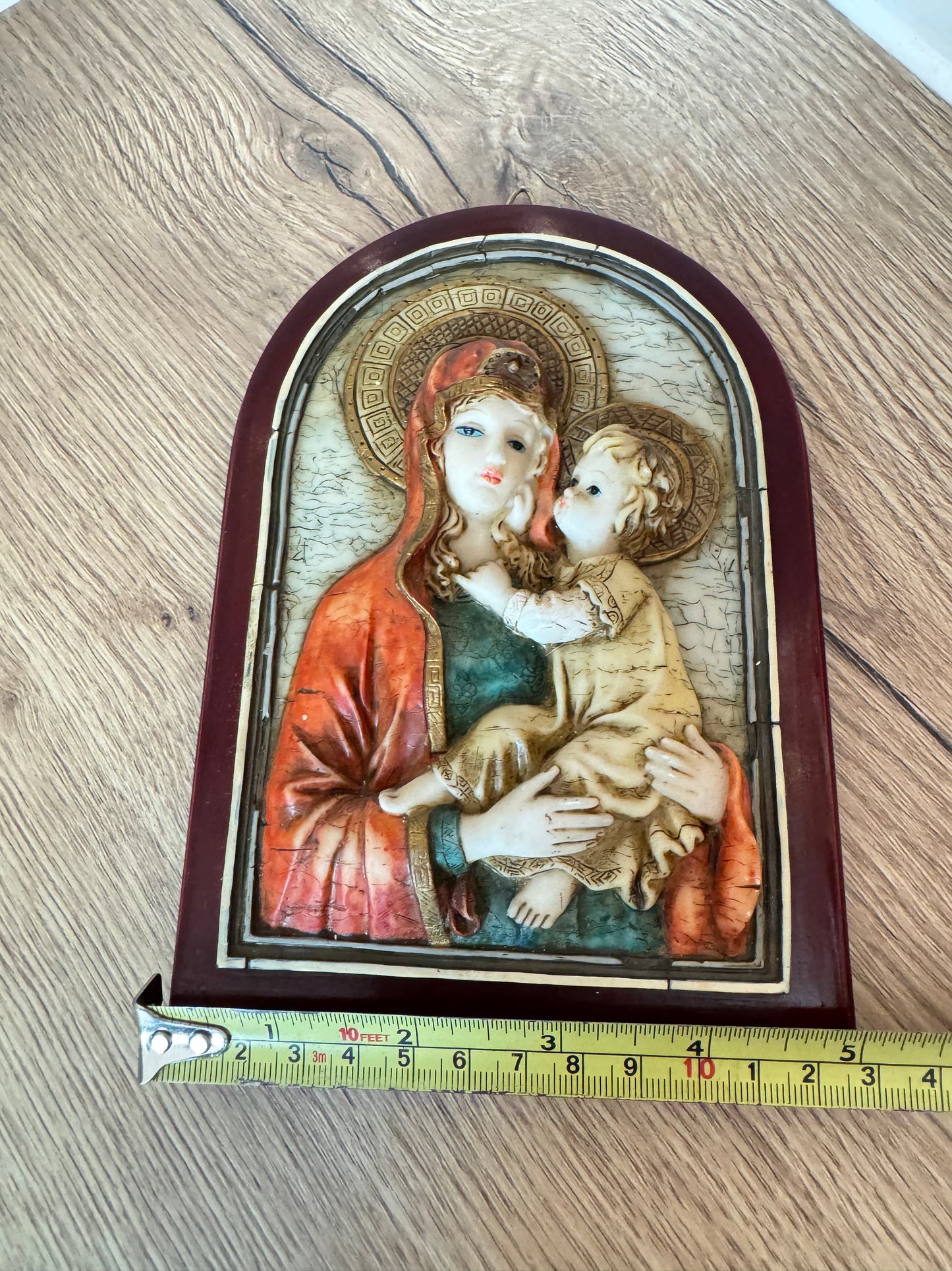 Ceramic Religious Wall Hanging of Mary and Baby Jesus on Wooden Plaque | Madonna & Child Plaque | Vintage Holy Icon |