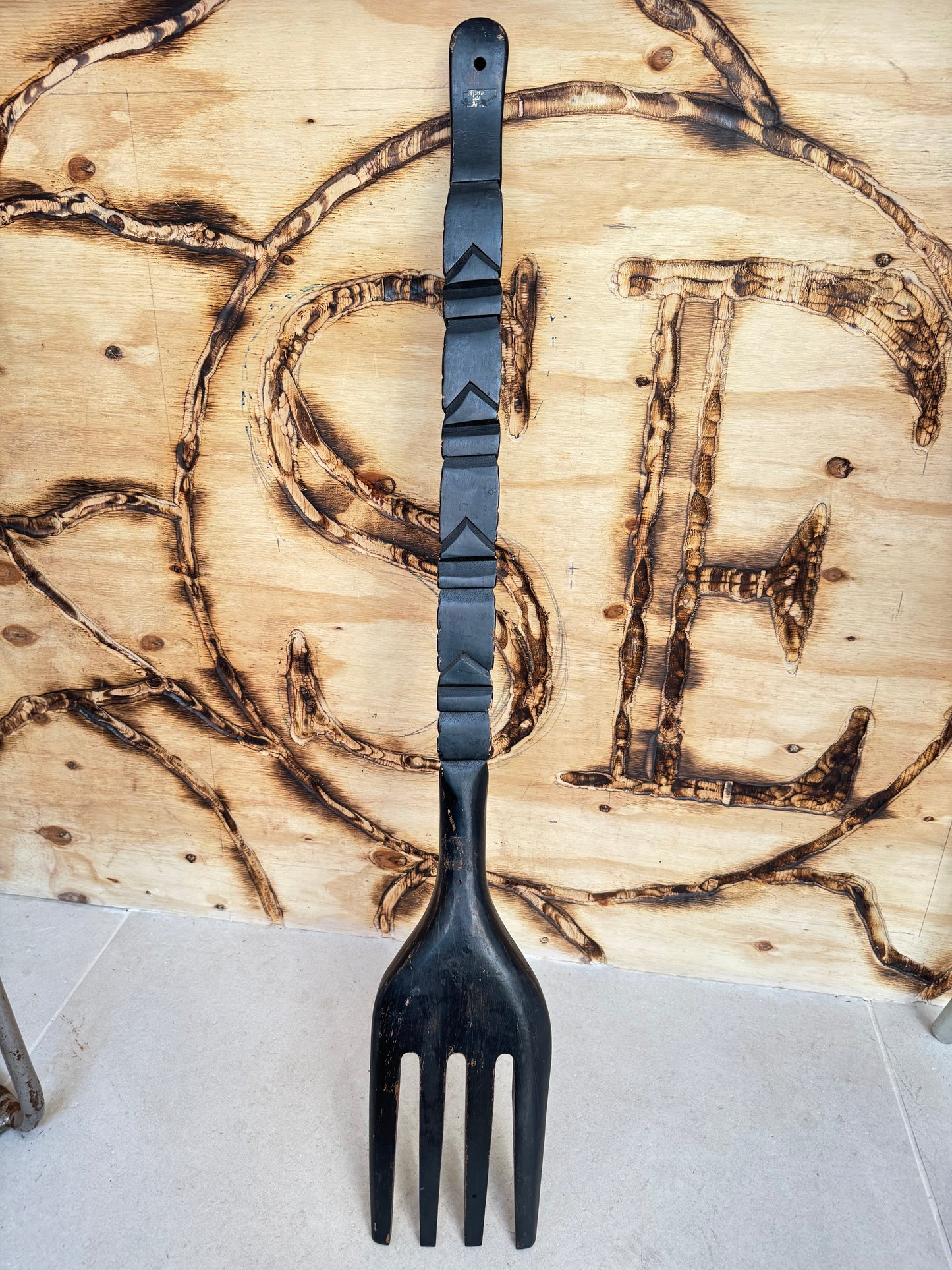 Oversized Hand-Carved Decorative Fork | Tribal Totem Style | Quirky Unique |