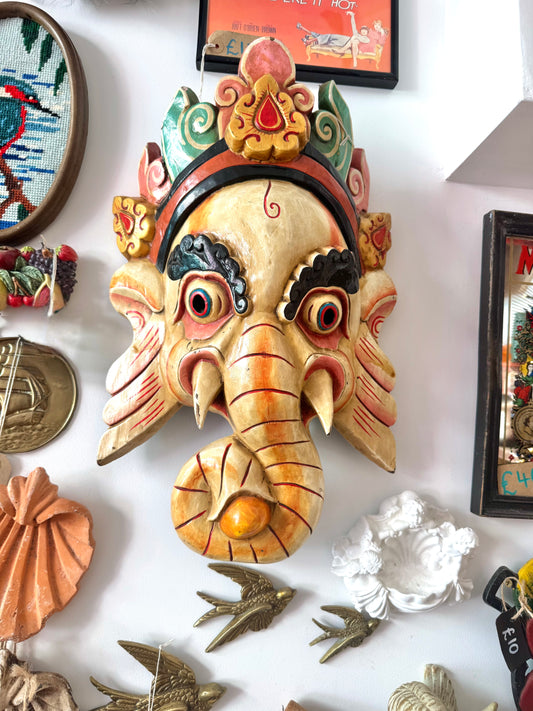 Ganesh Hand Carved Hand Painted Large Wood Wall Hanging | Vintage Quirky Unique | Spiritual Folk Art | Elephant