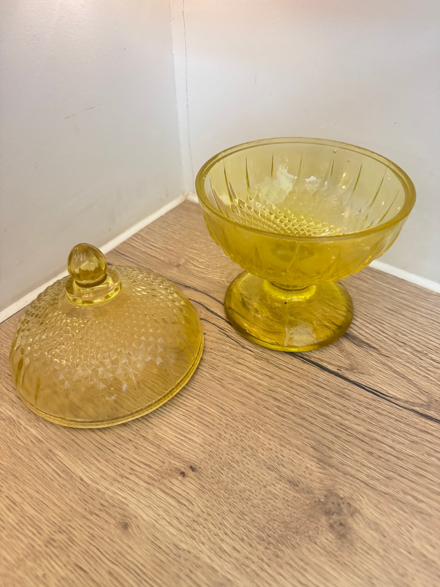 Yellow Glass Lidded Pedestal Bon Bon Dish | Vintage Retro Candy Dish