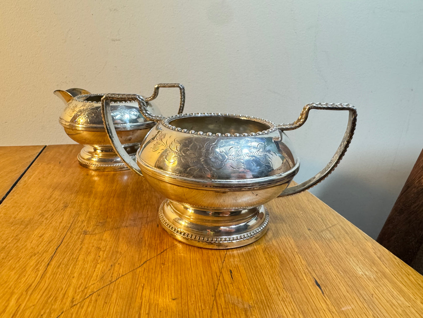 Silver Plated Sugar Bowl and Milk Jug | Hand Engraved | Made in England |