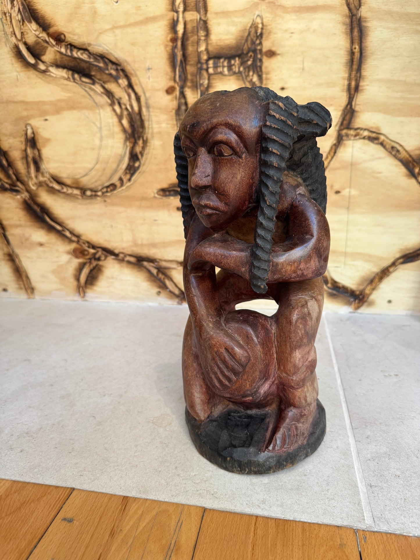 Hand Carved African Wooden Statue Sculpture of Sitting Man | Vintage Retro | Quirky Unique Decor |