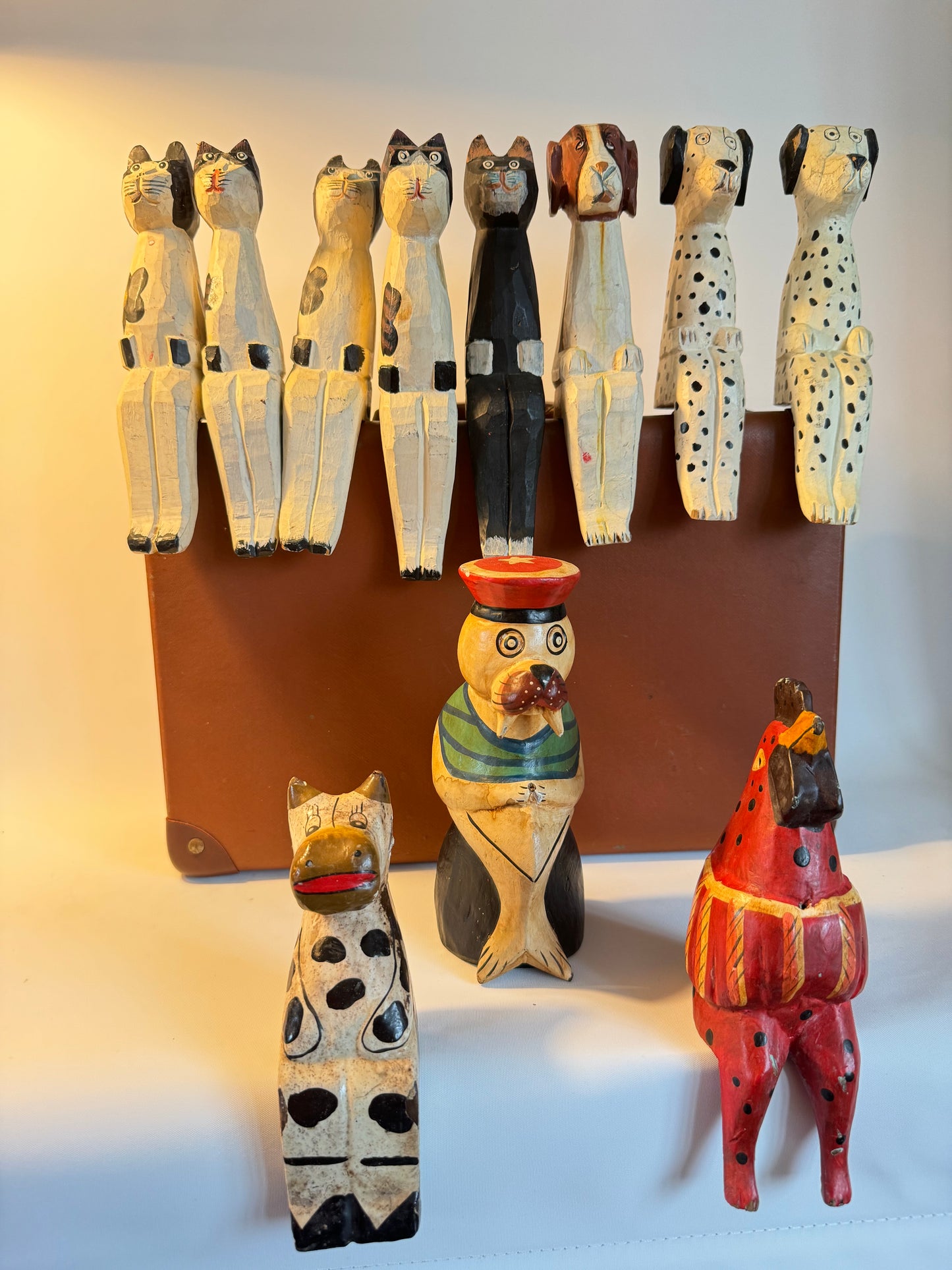 Hand Carved & Painted Shelf Sitter Animals | Folk Art | Vintage Retro Quirky | Cat Dog Cow Seal Rooster |