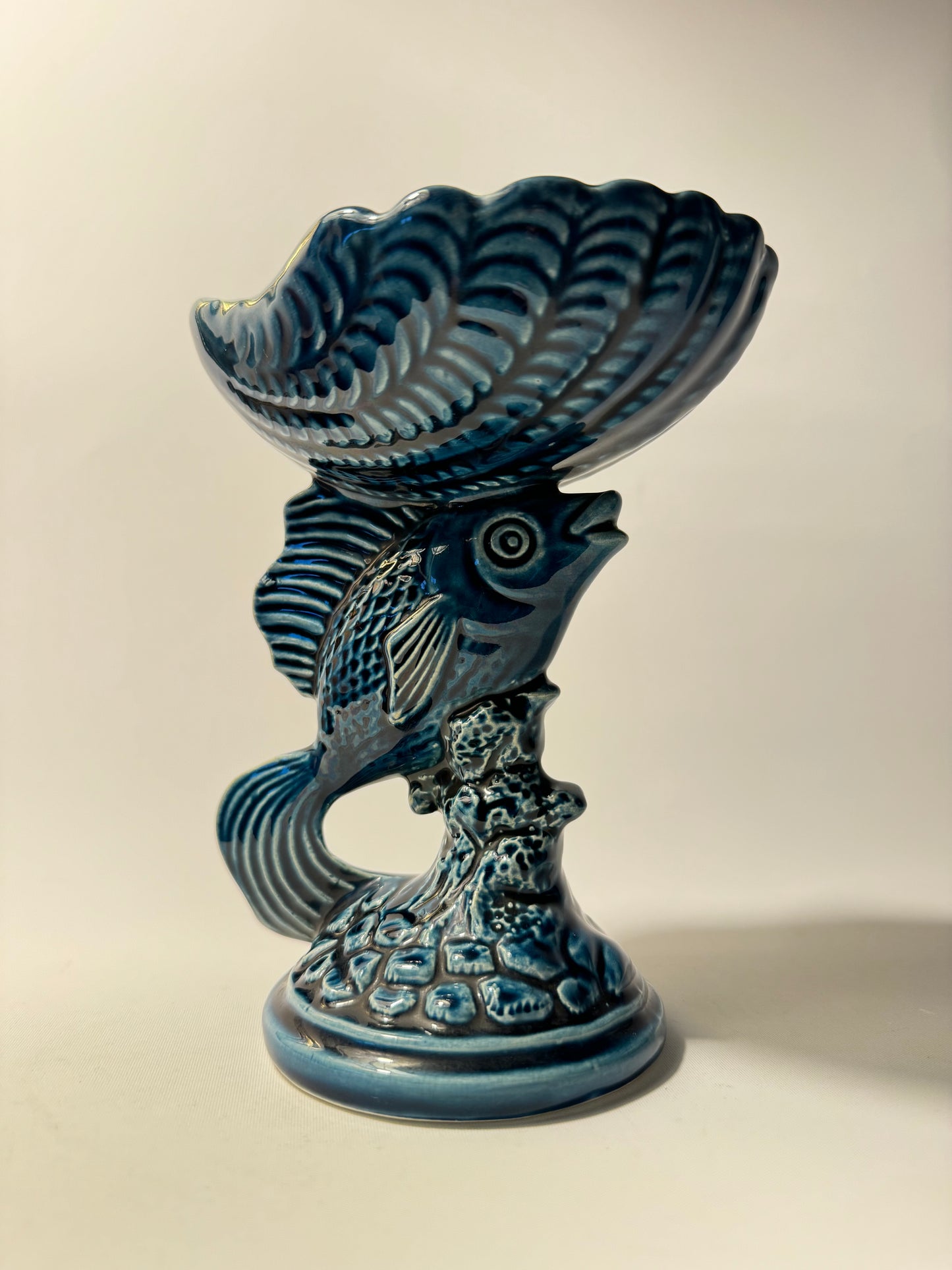 Devonway Pottery Deep Blue Fish Dish Bowl | Pedestal Bowl | Vintage Retro | Quirky Unique |