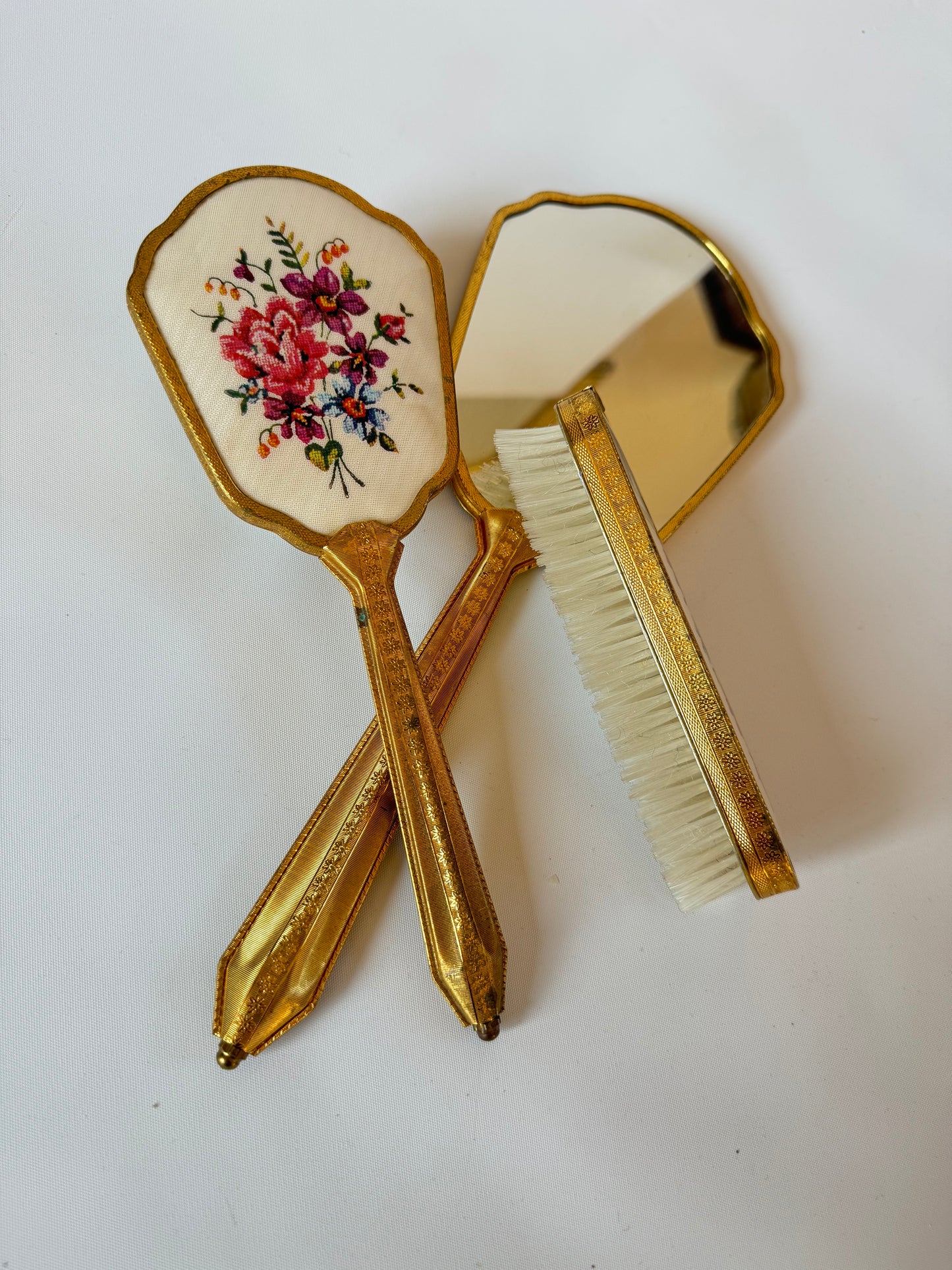Victorian Style Travel Vanity Set | Hand Mirror, Hair Brush & Clothes Brush | Vintage Antique | Gold with Floral Embroidery | Prop Set Dressing |