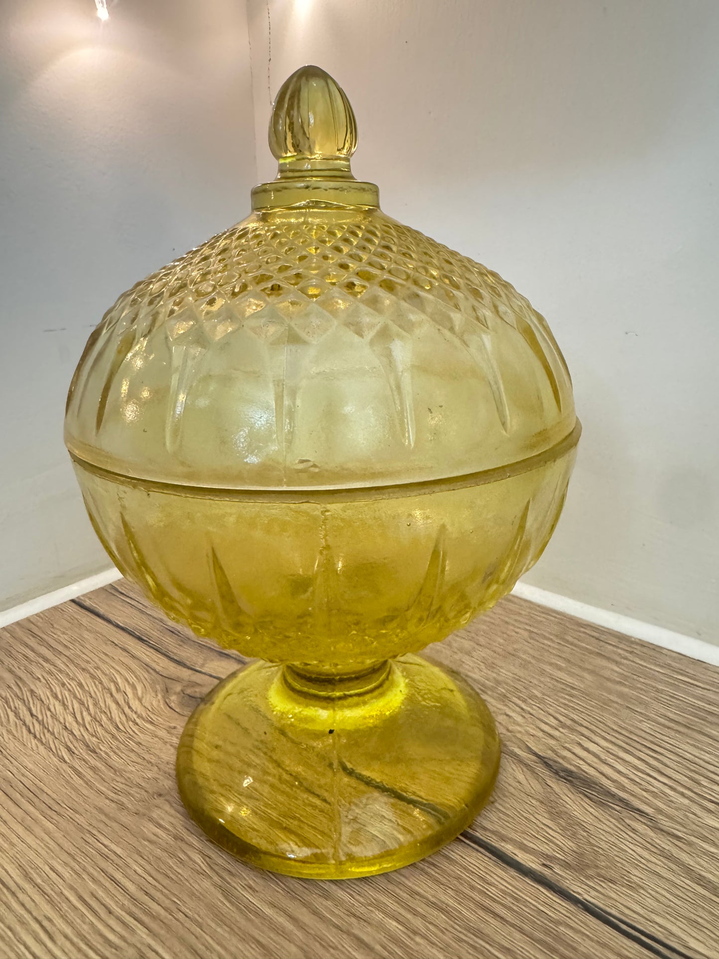 Yellow Glass Lidded Pedestal Bon Bon Dish | Vintage Retro Candy Dish