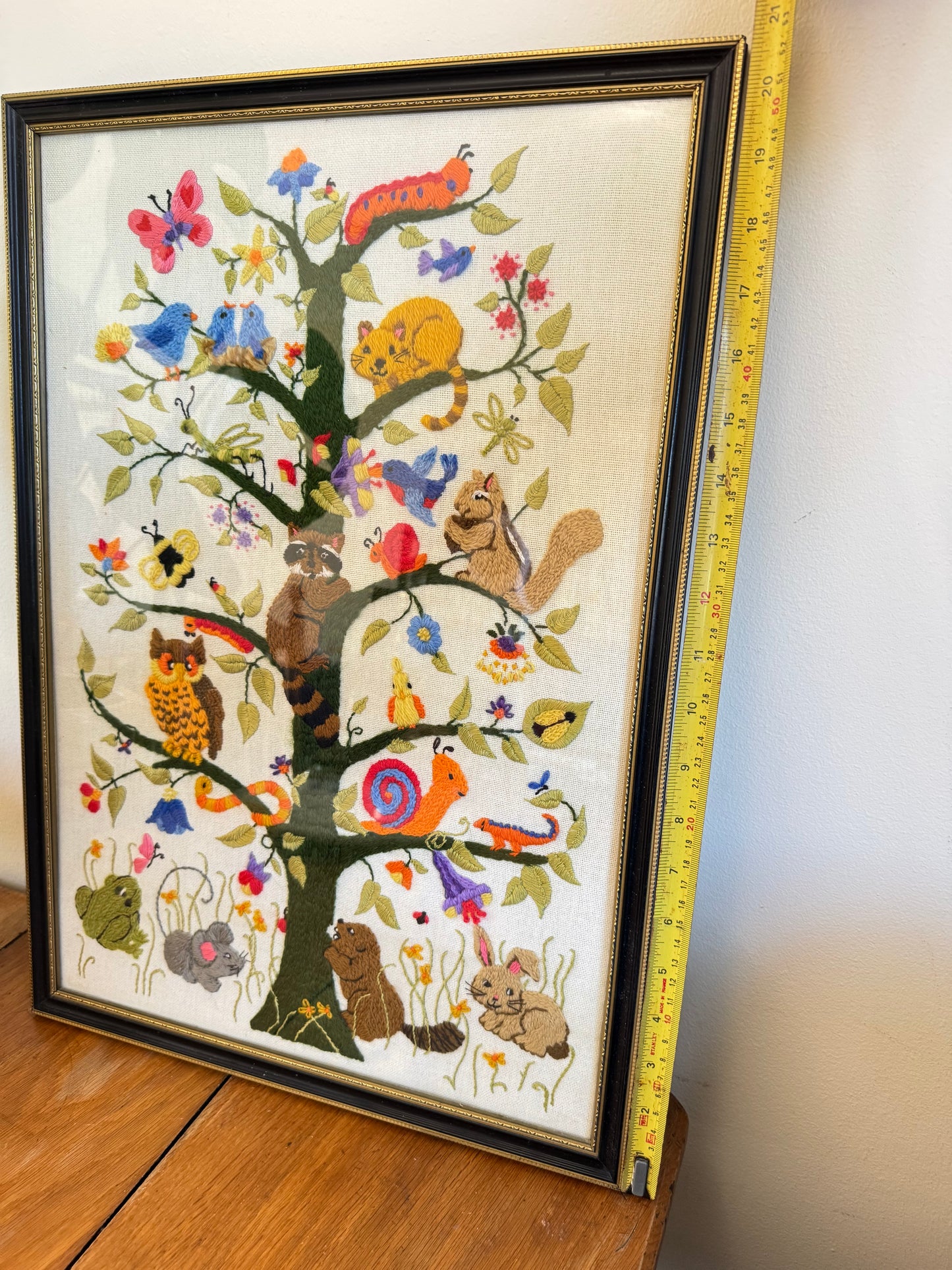 Vintage Dimensions Tree of Life Crewel by Ellen Silver 1981 | Completed Framed | Animals and Tree | Retro | Folk Art | Quirky Unique Kitsch |