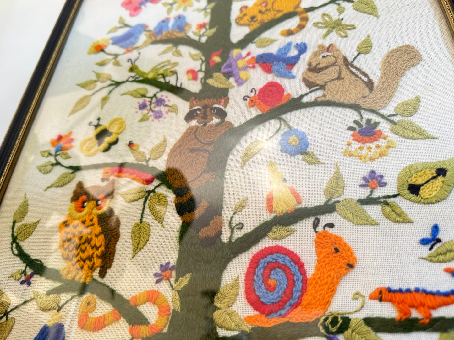 Vintage Dimensions Tree of Life Crewel by Ellen Silver 1981 | Completed Framed | Animals and Tree | Retro | Folk Art | Quirky Unique Kitsch |
