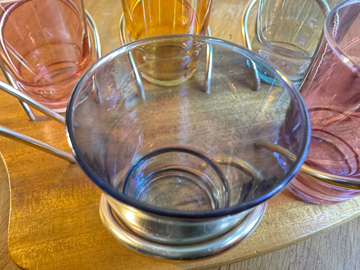 Set of Six Coloured Shot Glasses and a Wooden Serving Tray Stand Wyncraft | 1960s | Made in England | Vintage Retro |