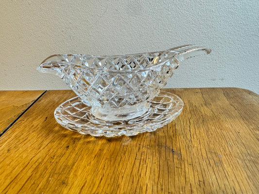 Cut Glass Diamond Pattern Gravy Sauce Boat & Saucer | Vintage 30s Art Deco Retro |