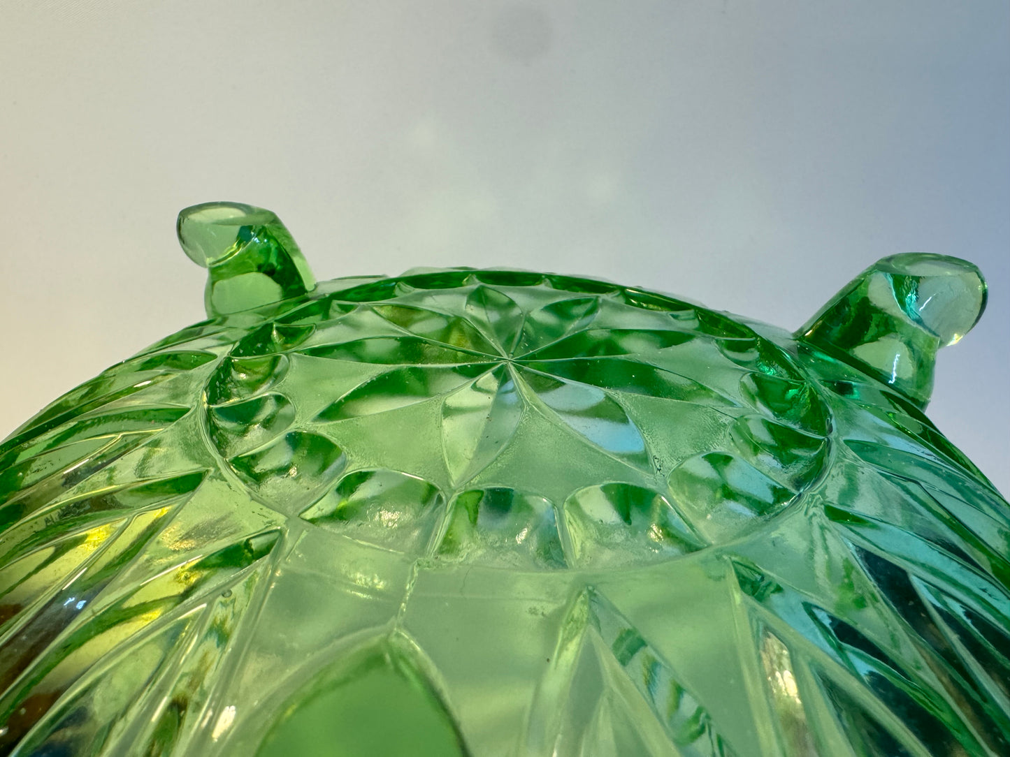 Green Cut Glass Large Bowl | Fruit Bowl | Art Deco | Footed Bowl | Vintage Retro |