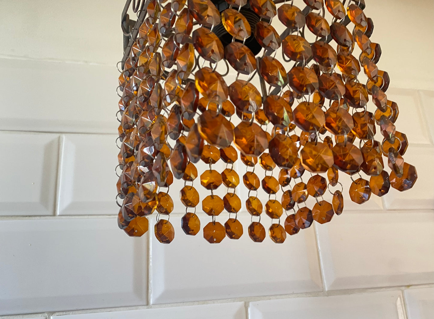 French Ceiling Light Pendant | Lampshade | Amber/Brown Glass Bead | Vintage Retro |