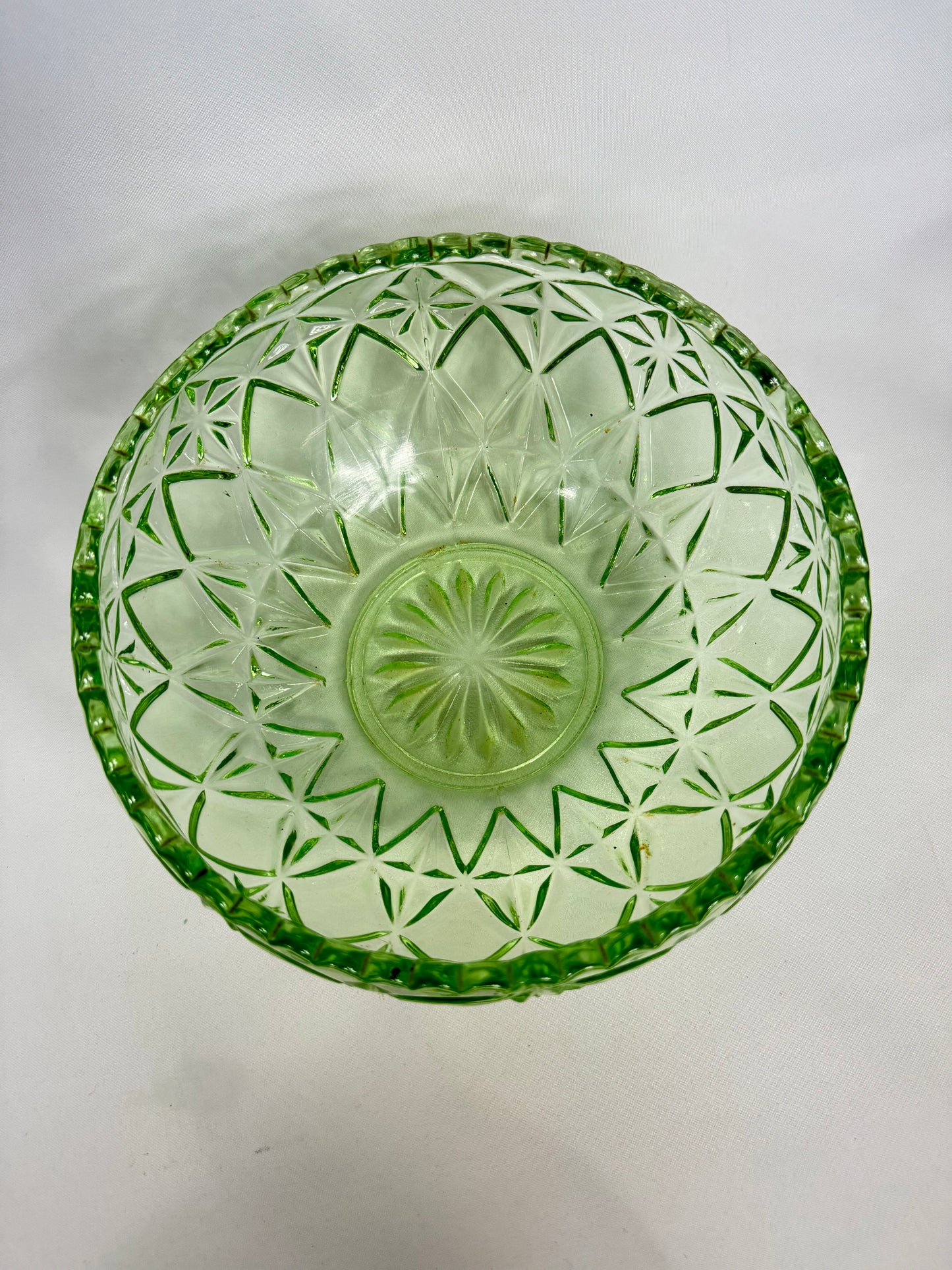 Green Cut Glass Decorative Bowl | Vintage Retro | Depression Glass | Fruit Bowl | Statement/Centrepiece Bowl