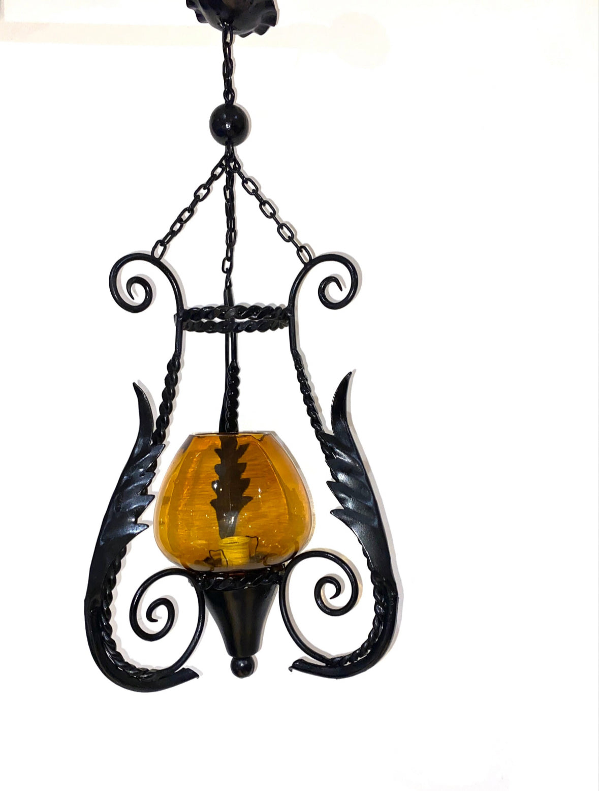 Antique Italian Hand Blown Venetian Amber Glass & Black Wrought Iron Ceiling Pendant Light | Gothic | Spanish | Medieval | Vintage Lantern