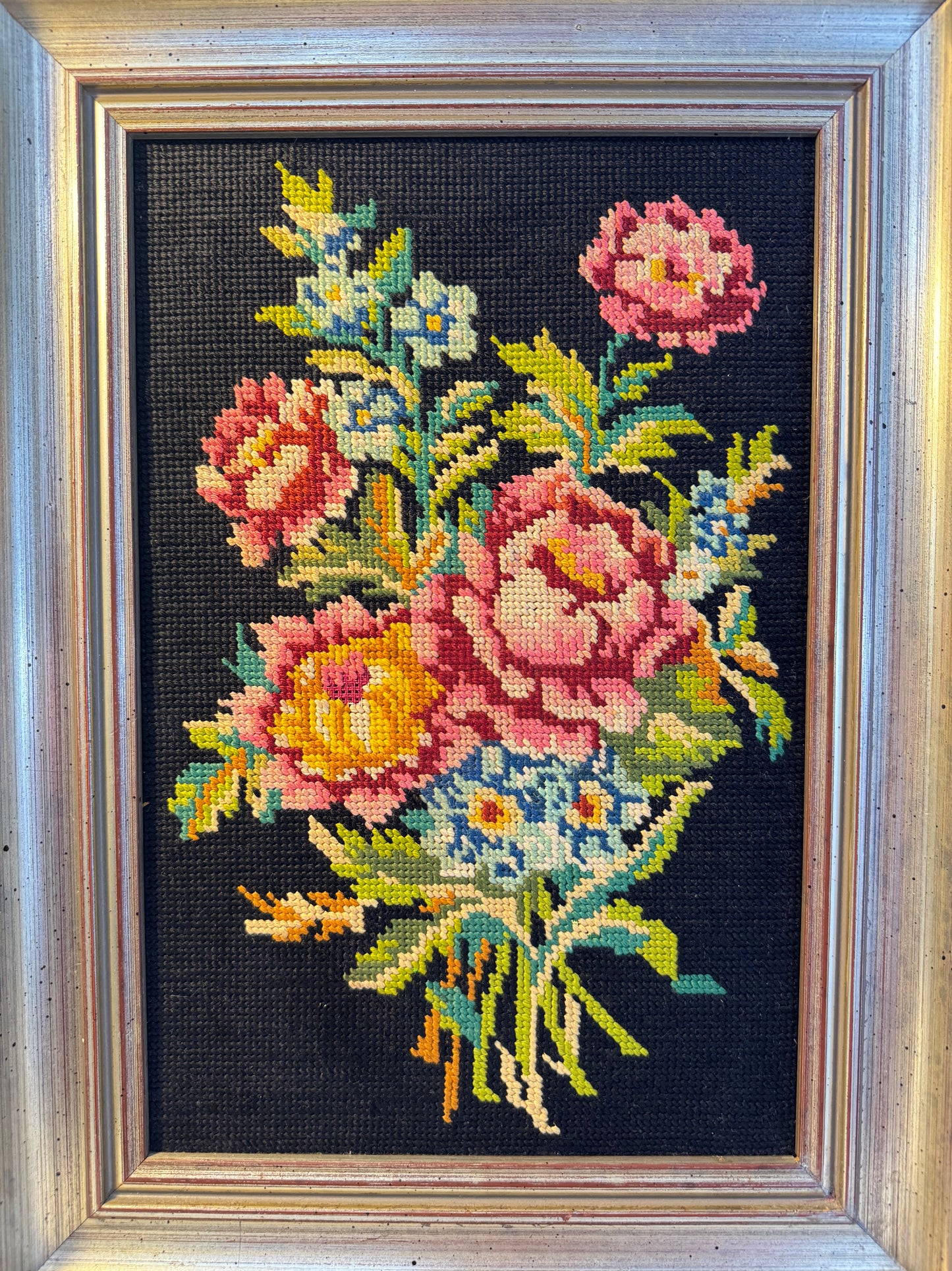 Vibrant Floral Needlepoint in Wooden Frame | Peonies | Wildflowers | Vintage Retro Decor |