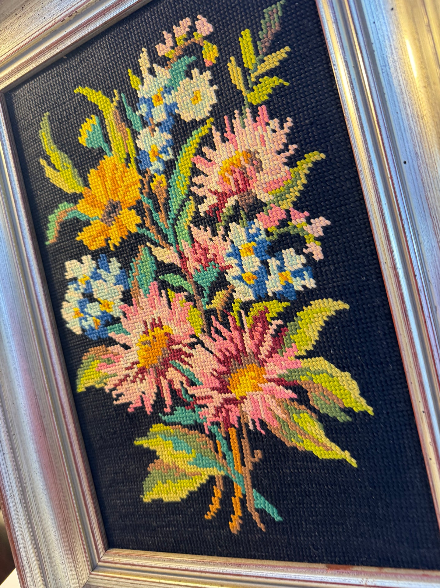 Vibrant Floral Needlepoint in Wooden Frame | Peonies | Wildflowers | Vintage Retro Decor |