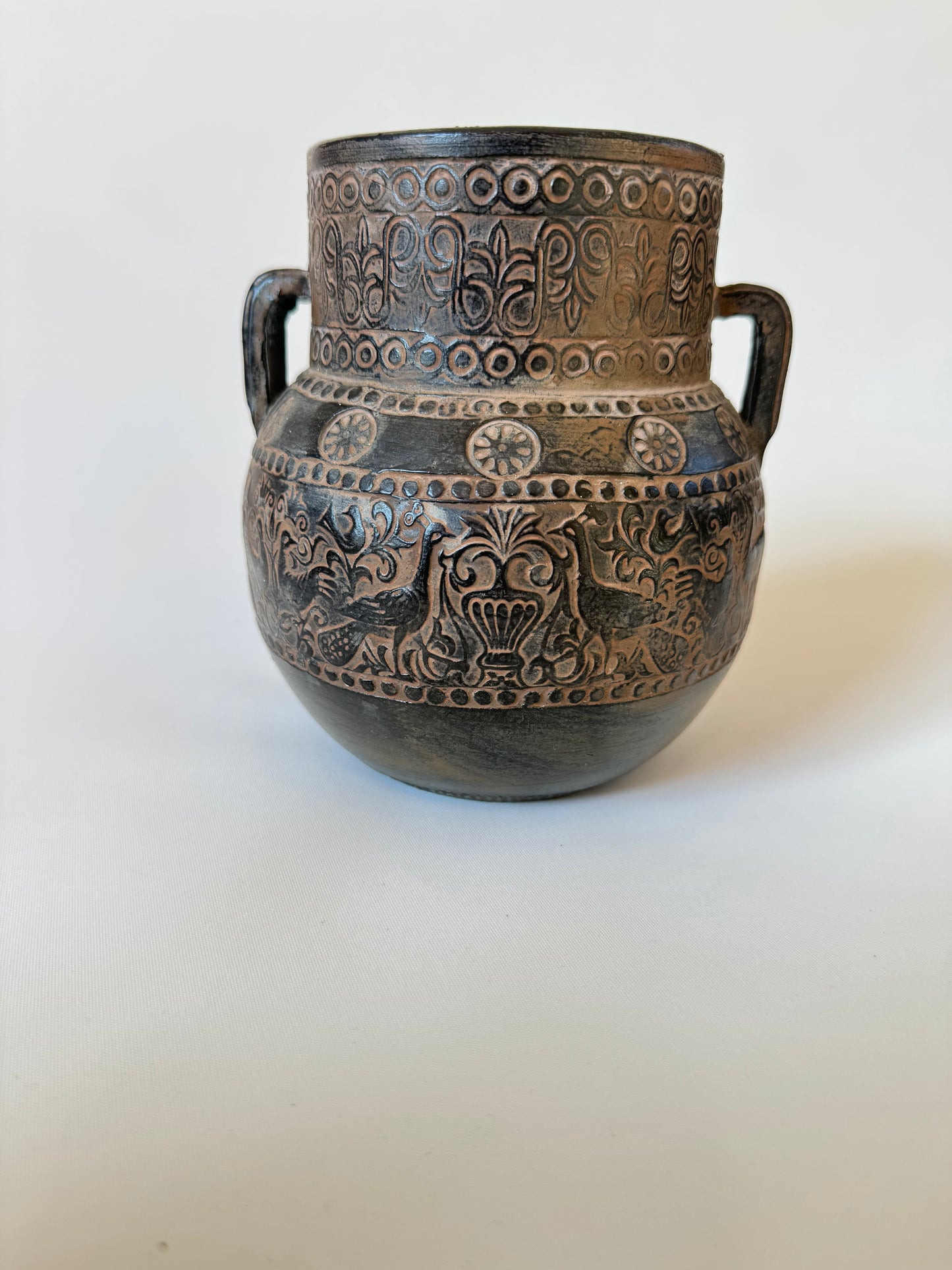 Greek Pottery Vase | Double Handled Urn Style Vase | Grecian | Mid Century MCM | Bird Pattern |