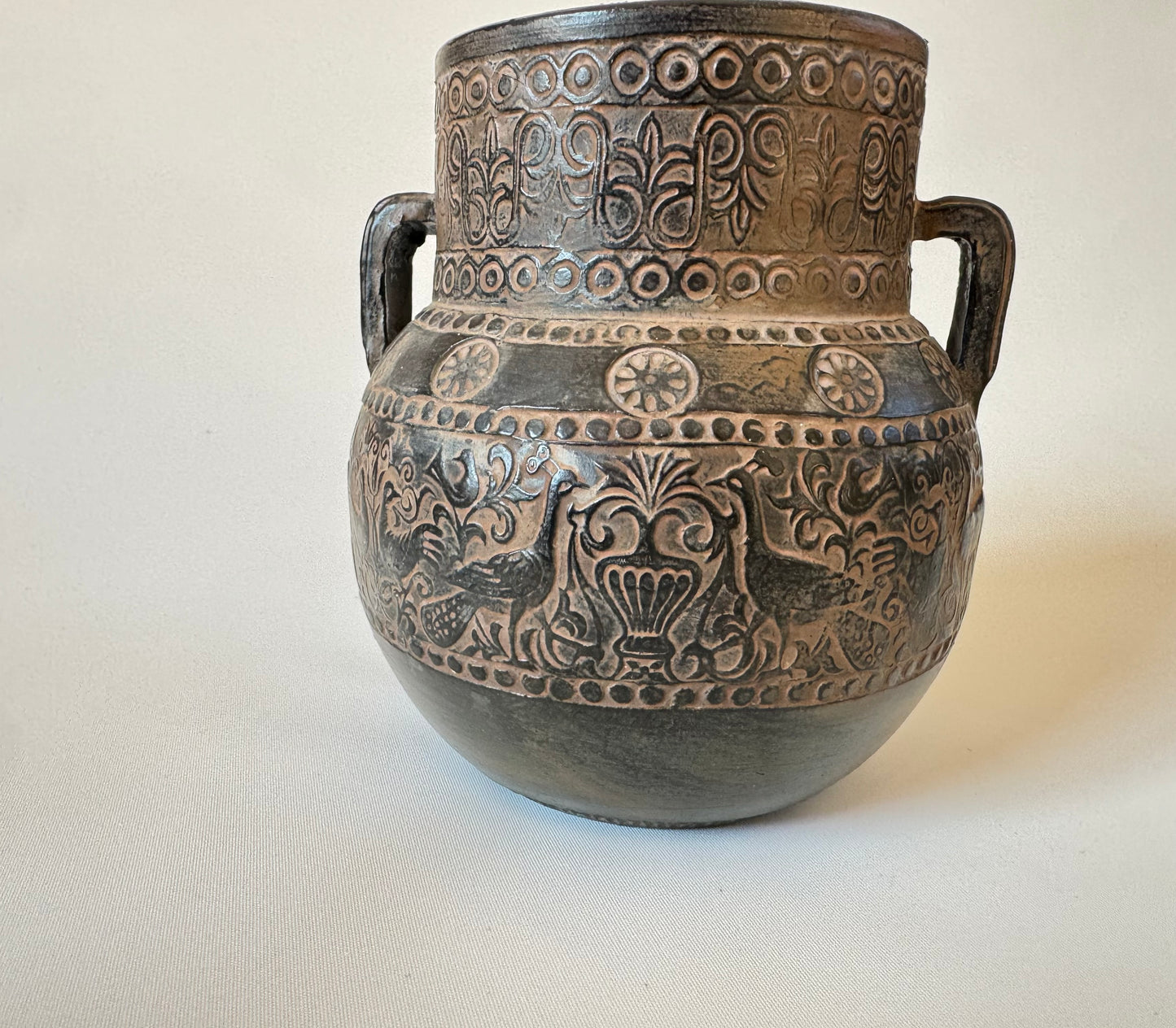 Greek Pottery Vase | Double Handled Urn Style Vase | Grecian | Mid Century MCM | Bird Pattern |