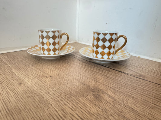 Pair of Gold and White Checkered Espresso Cups & Saucers | Coffee | Vintage Retro |