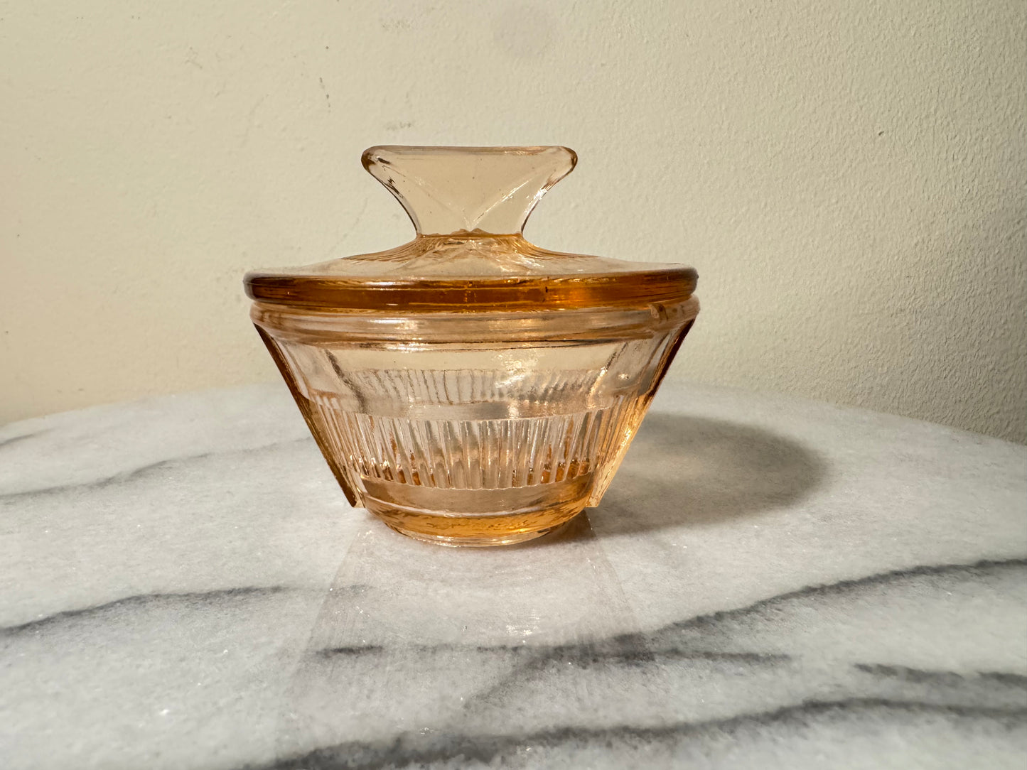 Small Pressed Glass Trinket Vanity Dish with Lid | Art Deco Vintage Retro | Pink |