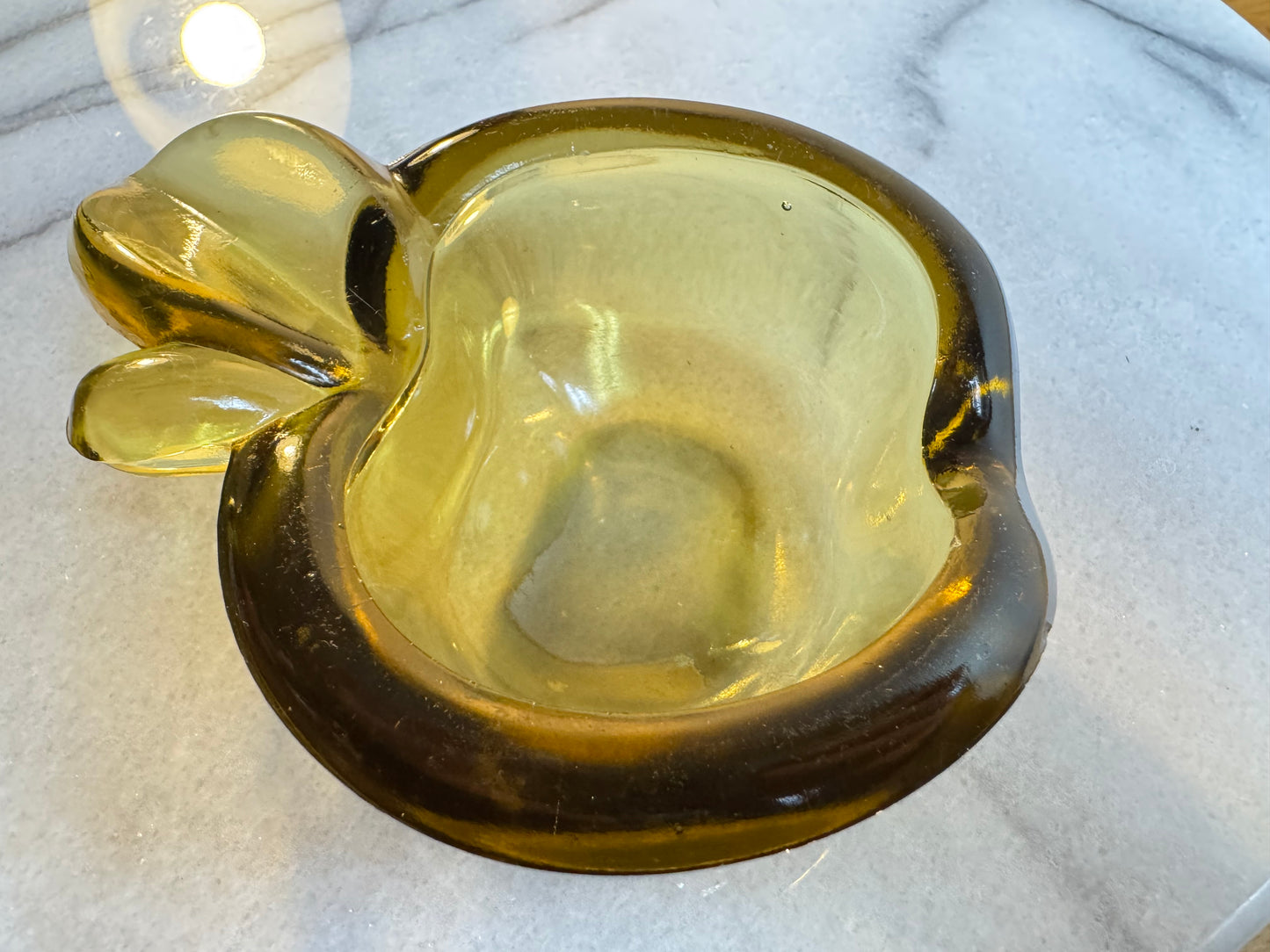 Yellow Thick Glass Apple Shaped Ashtray with Cigar Holder | Vintage Art Glass | Retro Kitsch |