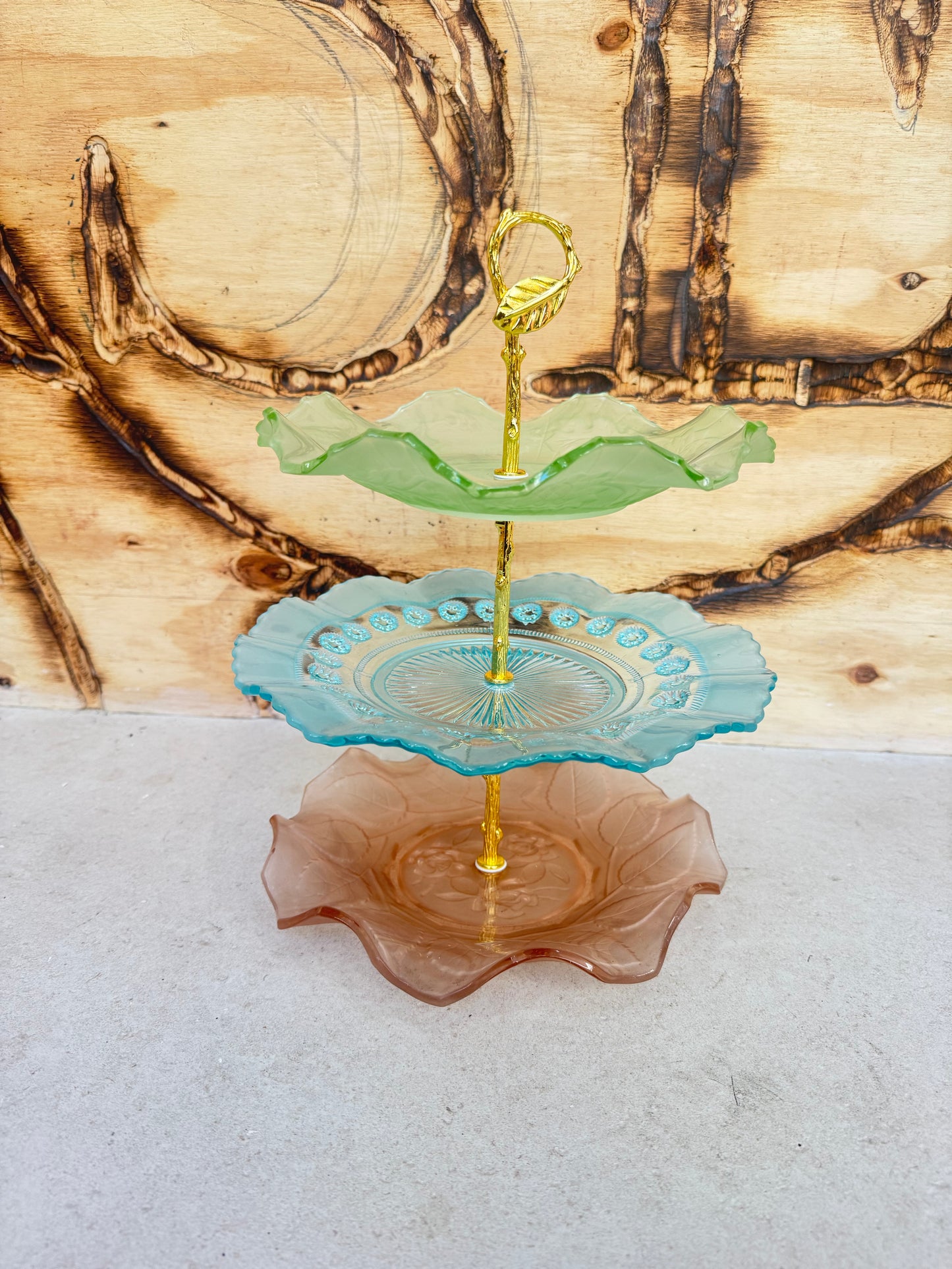 3-Tier Mismatched Coloured Glass Cake Stand with Gold Leaf Handle | Afternoon Tea Dinner Party | Kitsch Quirky | Vintage Retro |