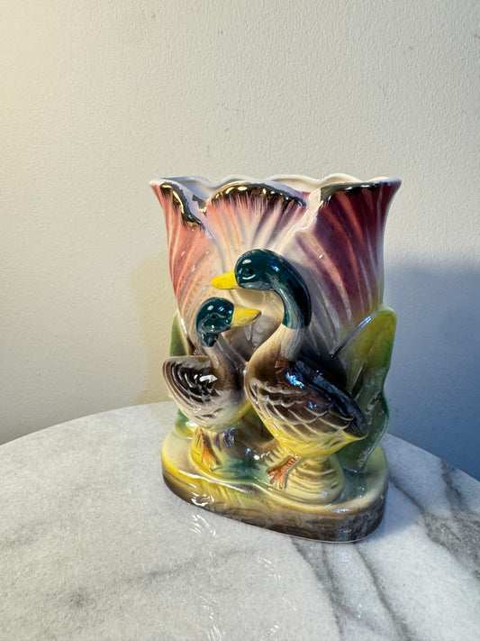 Ceramic Mallard Ducks Hand Painted Lustre Posy Vase | 1950's Mid Century Kitsch |