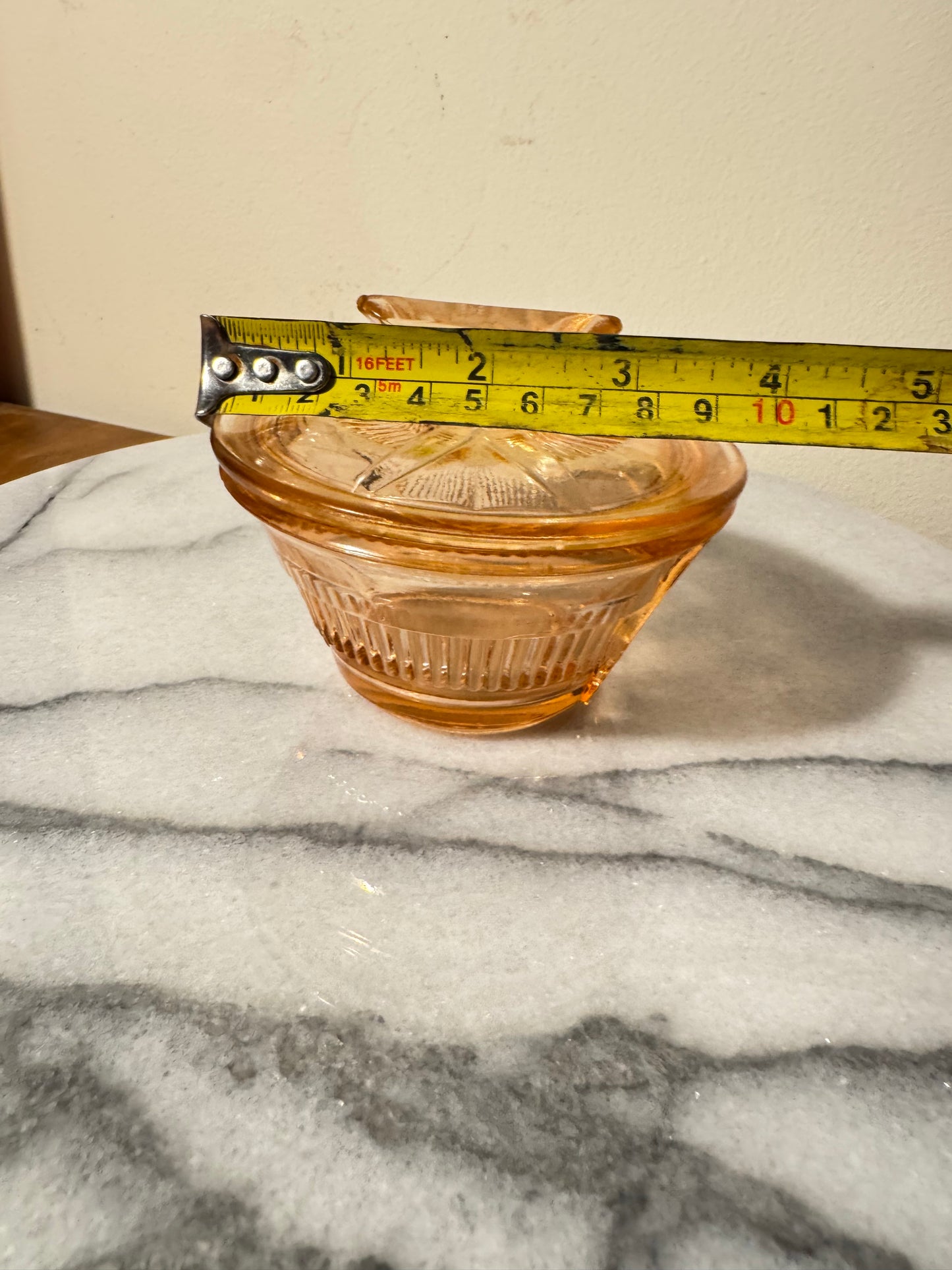 Small Pressed Glass Trinket Vanity Dish with Lid | Art Deco Vintage Retro | Pink |
