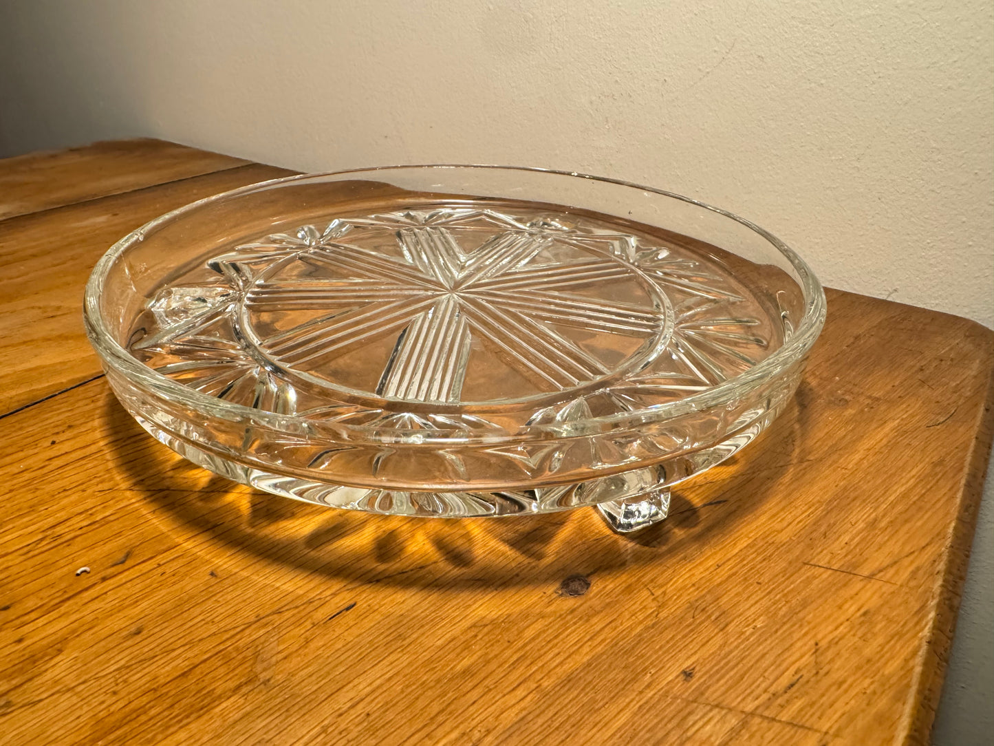 Cut Glass Footed Tray Plate | Candle Tray | Geometric Pattern | Dressing Table | Retro Unique | Decorative Plate |