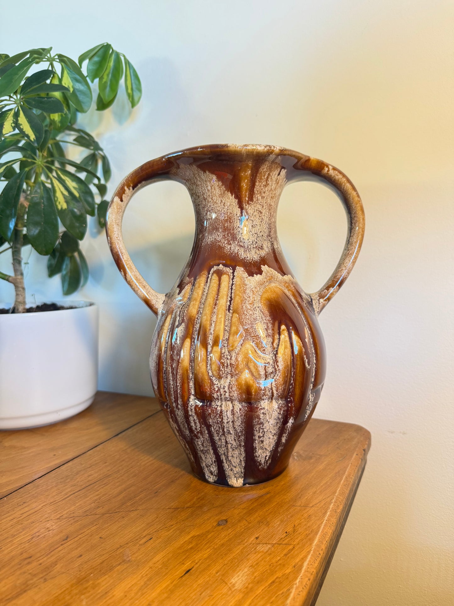 Large Ceramic Vase with Drip Glaze | Twin Double Handle | Vintage Retro Home decor |