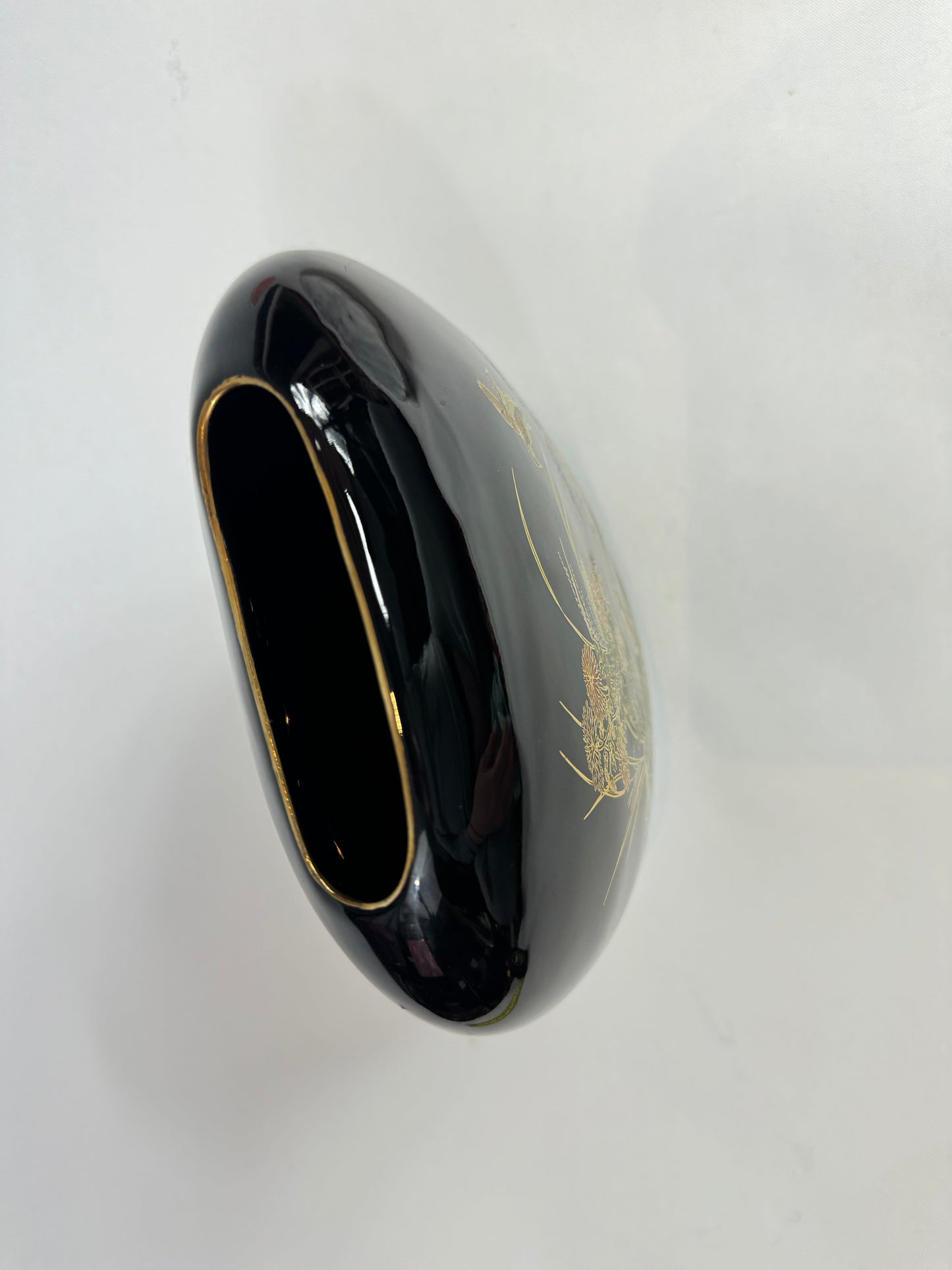 Black Ceramic Flat Vase with Gold and Floral Detail | Vintage Retro |